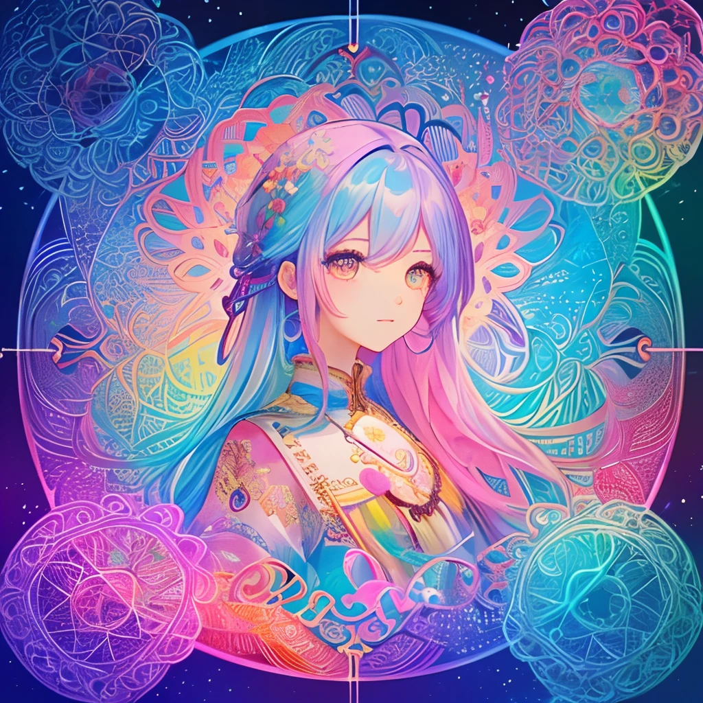 1 beautiful girl、(​masterpiece、top-quality、top-quality、Beautifully Aesthetic:1.2)、(1girl in:1.3)、(Fractal Art:1.3)、colourfull、rainbow-colored hair、Clothing of the near future、Round Detail Frame、Fluttering hair、Background of the near future、Sparkling eyes
