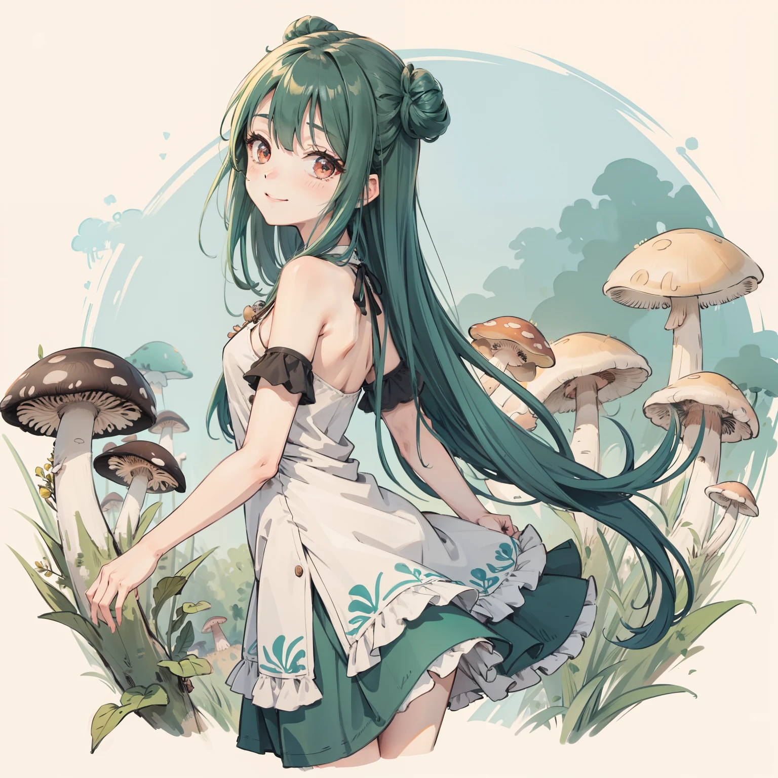 1girll, Long aqua green hair, Red eyes, dress, (Solo:1.3),Simple drawing, Mushrooms and girls, Cute, Big smile, Mushrooms + Mushrooms + Mushrooms + Mushrooms + Mushrooms,Mushrooms larger than people,Mushrooms grow on the body,From the side Side,Dancing,Watercolor illustration, Perfect anatomy, Masterpiece, Best quality, 1girll, Loli,elementary student,Nature, landscape