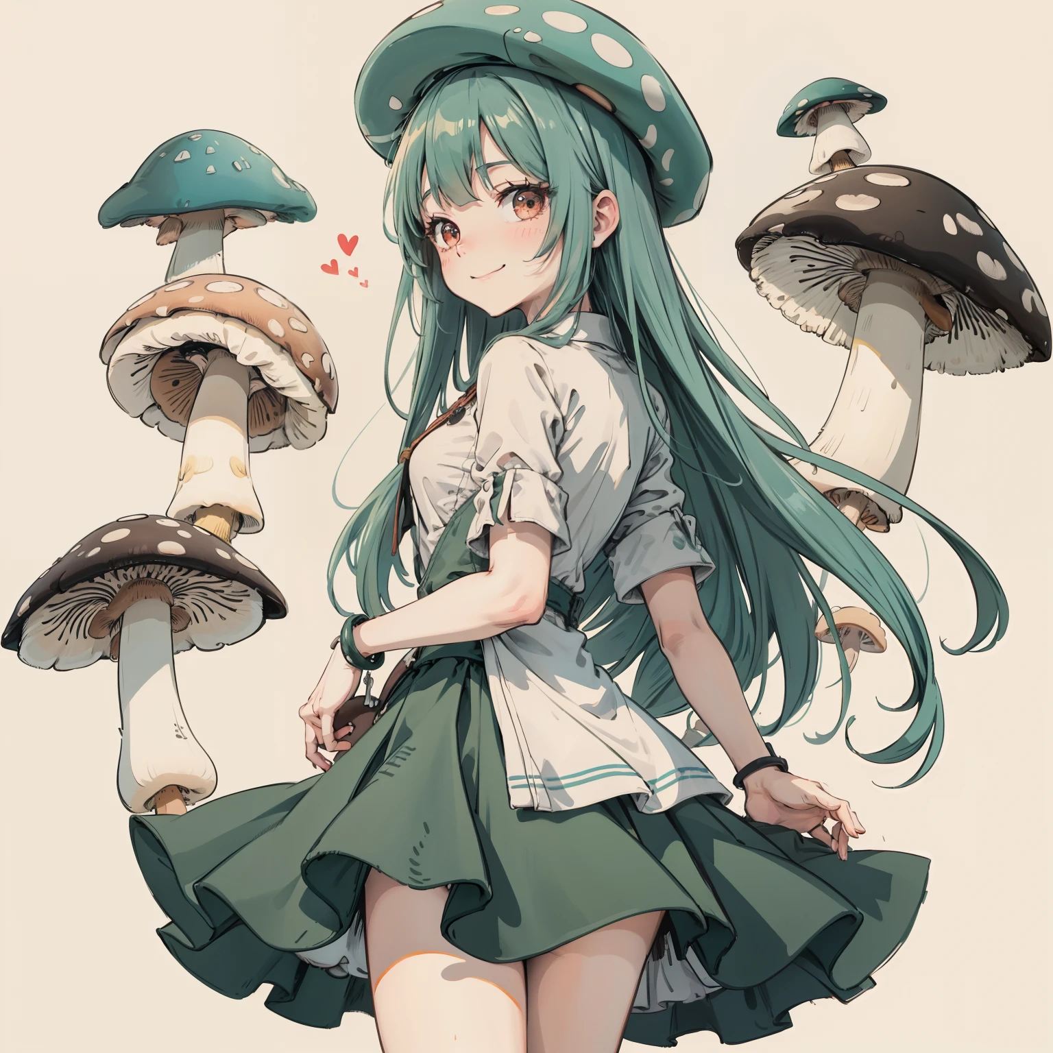 1girll, Long aqua green hair, Red eyes, dress, (Solo:1.3),Simple drawing, Mushrooms and girls, Cute, Big smile, Mushrooms + Mushrooms + Mushrooms + Mushrooms + Mushrooms,Mushrooms larger than people,Mushrooms grow on the body,From the side Side,Dancing,Watercolor illustration, Perfect anatomy, Masterpiece, Best quality, 1girll, Loli,elementary student,Nature, landscape