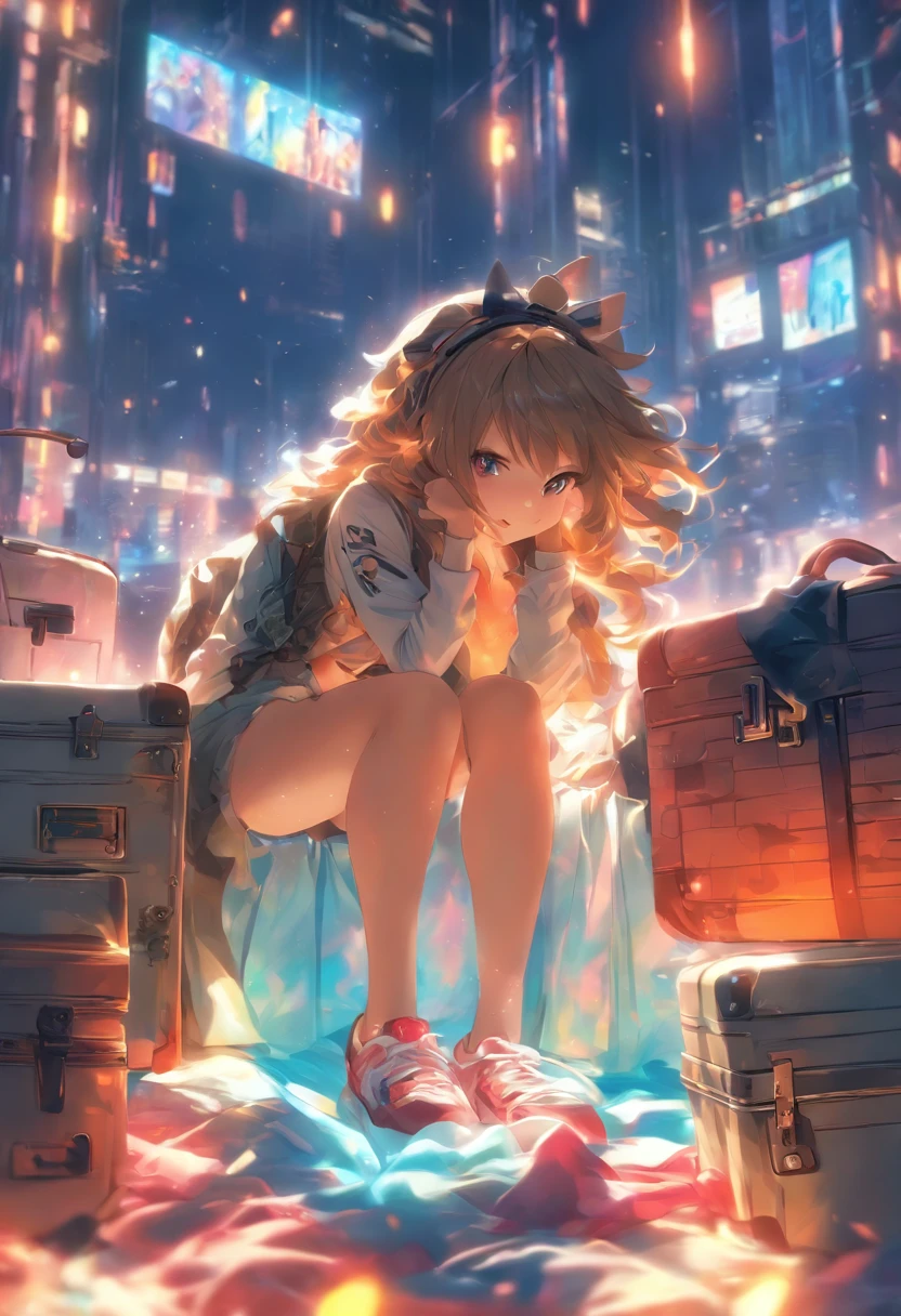 Anime girl sitting on bed，In the background is a suitcase, the anime girl is crouching, Female protagonist 👀 :8, beautiful anime girl crouching, from girls frontline, seductive anime girls, female anime character, anime big breast. Soft lighting, 4K anime wallpaper, Guweiz in Pixiv ArtStation, Badass anime 8 K, Also