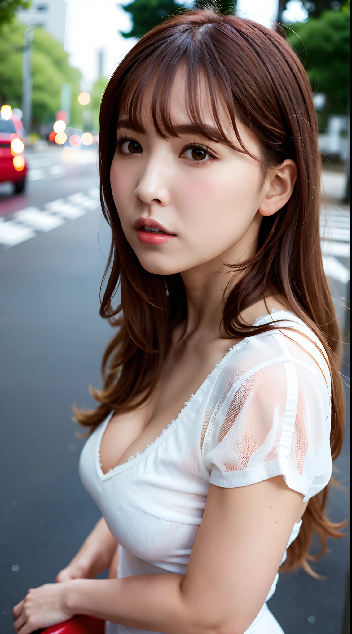 iulora, 1girll, 独奏, realisticlying, best qualtiy, nikon RAW photo,8 k'',富士XT3,tmasterpiece,超高分辨率,hdr,8K,A high resolution,(realisticlying:1.4),(Realistic damp skin:1.2),(22yo:1.3),Detailed eyes,long whitr hair,(light-blonde hair:1),Close-up portrait,Small face,Qi bangs,Look at the lens at a 45-degree angle from the side of the face,Stand on the streets of Tokyo,Street depth of field,Background with,Cinematic lighting effects,Gigantic big tits:1.2,White shirt:1.1,high waisted jeans,Pink high heels,shyexpression ,Raised sexy,Lovely,is shy:1.4,jpn