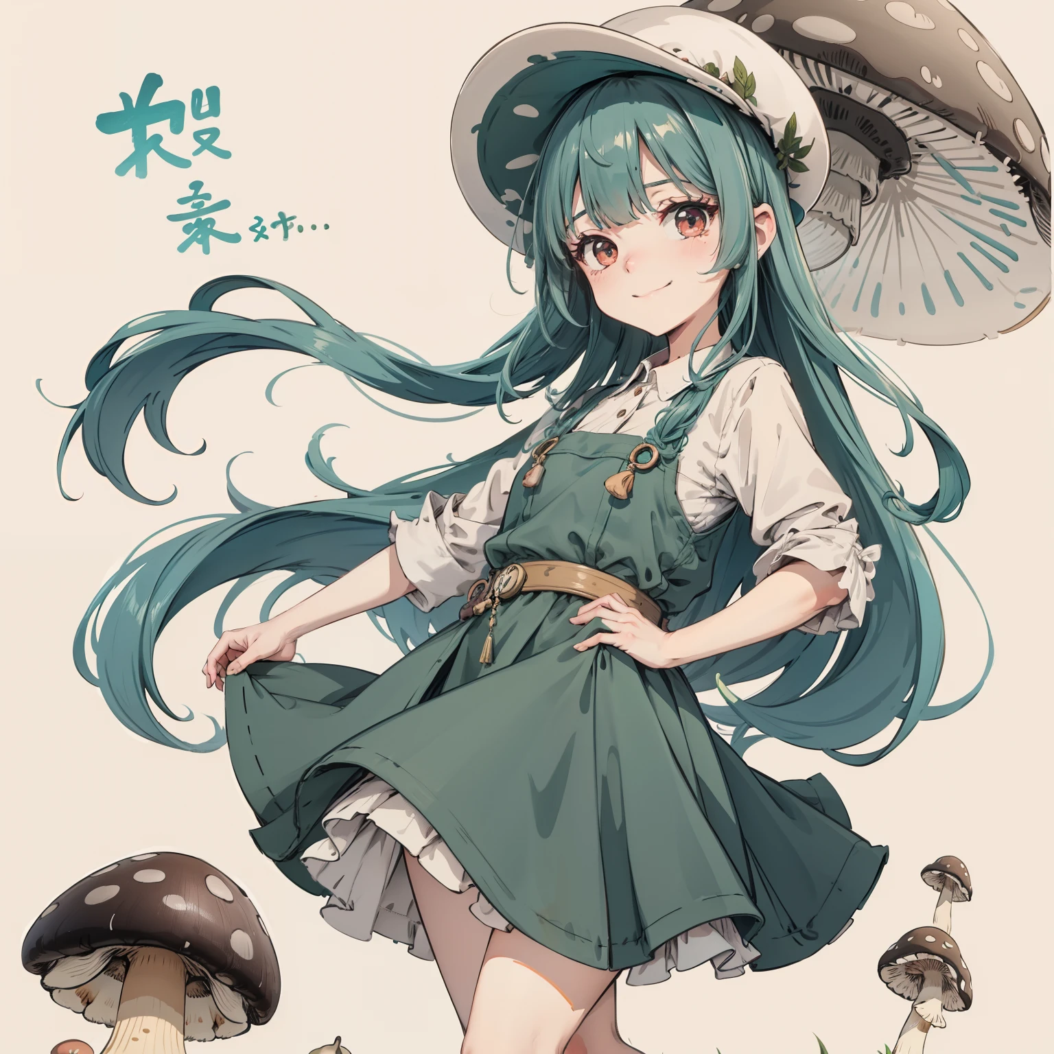 1girll, Long aqua green hair, Red eyes, dress, (Solo:1.3),Simple drawing, Mushrooms and girls, Cute, Big smile, Mushrooms + Mushrooms + Mushrooms + Mushrooms + Mushrooms,Mushrooms larger than people,Mushrooms grow on the body,From the side Side,Dancing,Watercolor illustration, Perfect anatomy, Masterpiece, Best quality, 1girll, li,eature, landscape