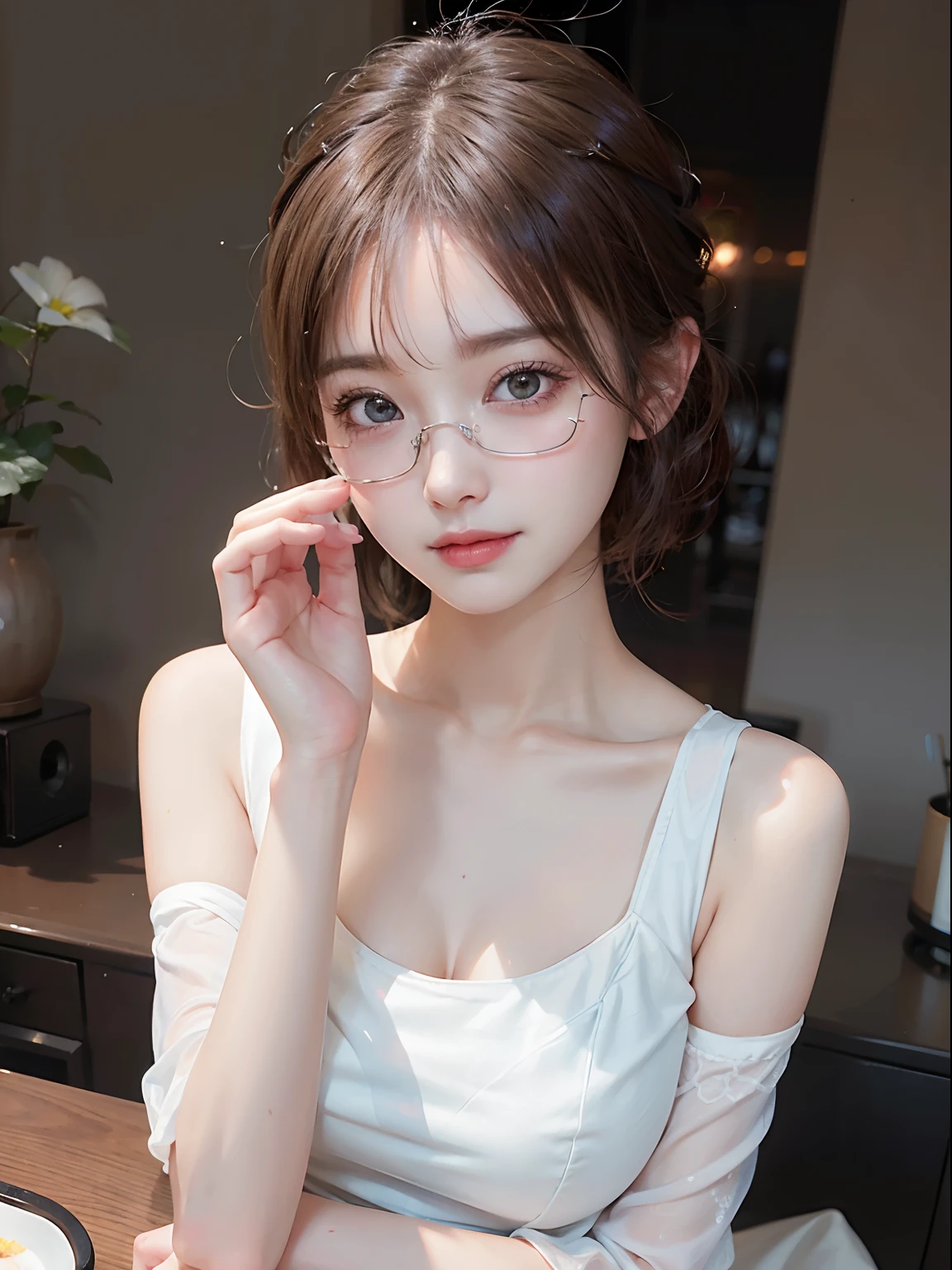 Highest quality, RAW Photos, Realistic, face, Incredibly beautiful girl, cute, length Hair,ponytail,Glasses,Written boundary depth, High resolution, 超detailed, detailed, Very detaileded, extremely detaileded eye and face, Sharp pupils, Realistic students, Sharp focus, Cinema Lighting, Japanese, Short Woman, Physical build, Short arms, length, Narrow eyes, Fleeting atmosphere, , Brown Bob Hair, ((thin唇)), White top and bottom underwear, masterpiece, Highest quality, detailedな肌, detailedなface, fine grain, 8K, Excellent anatomy, Full body portrait,flat breasts, small breasts, small,( small bust: 1.2), small bust, (slim, small, flat, small), thin, Delicate and sexy collarbone, One Girl, (beautiful girl, Delicate girl:1.3), (10 years old