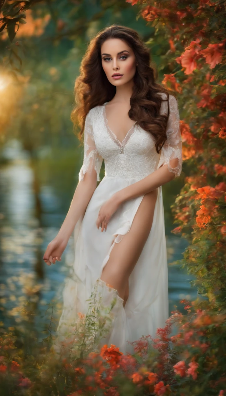 ((Full body photo)), ((Photorealistic)), ((Slim body)),((((Small bust)))),(((Depth of field))),Fantastic, backlit lighting of the setting sun, sheer white summer dress, wearing black panties, tiara, hair ornament, straight hair, one woman, in the forest, with a fountain in the background, flowers blooming in the background, ((smiling))))