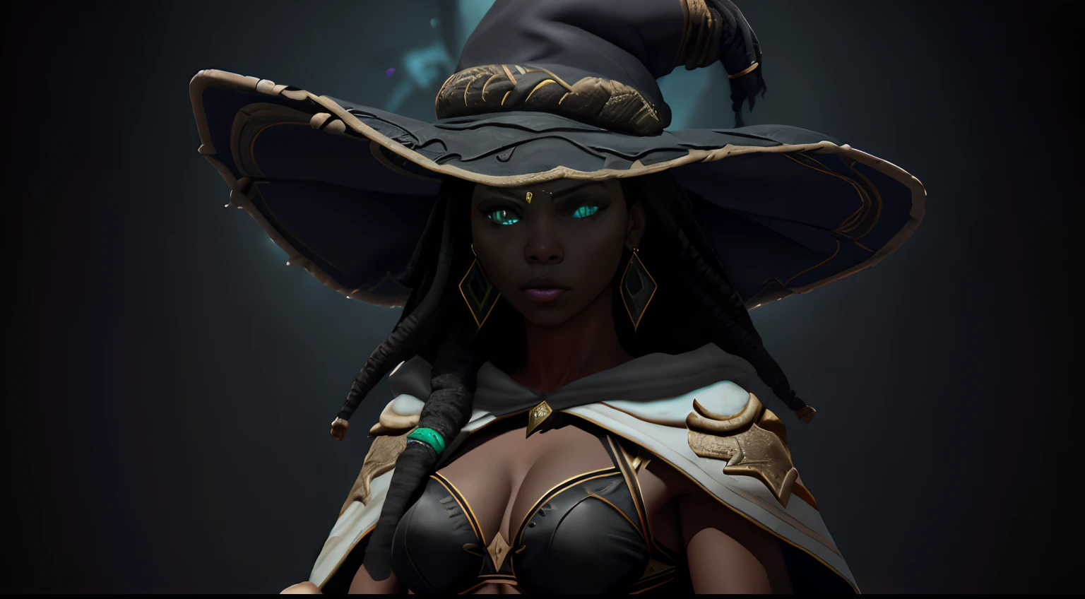 obra maestra, mejor calidad, senna , bestida de bruja, sombrero de bruja, contra la pared, mirando al espectador, pose sexi, ropa sensual, cuerpo completo, fondo magia oscura