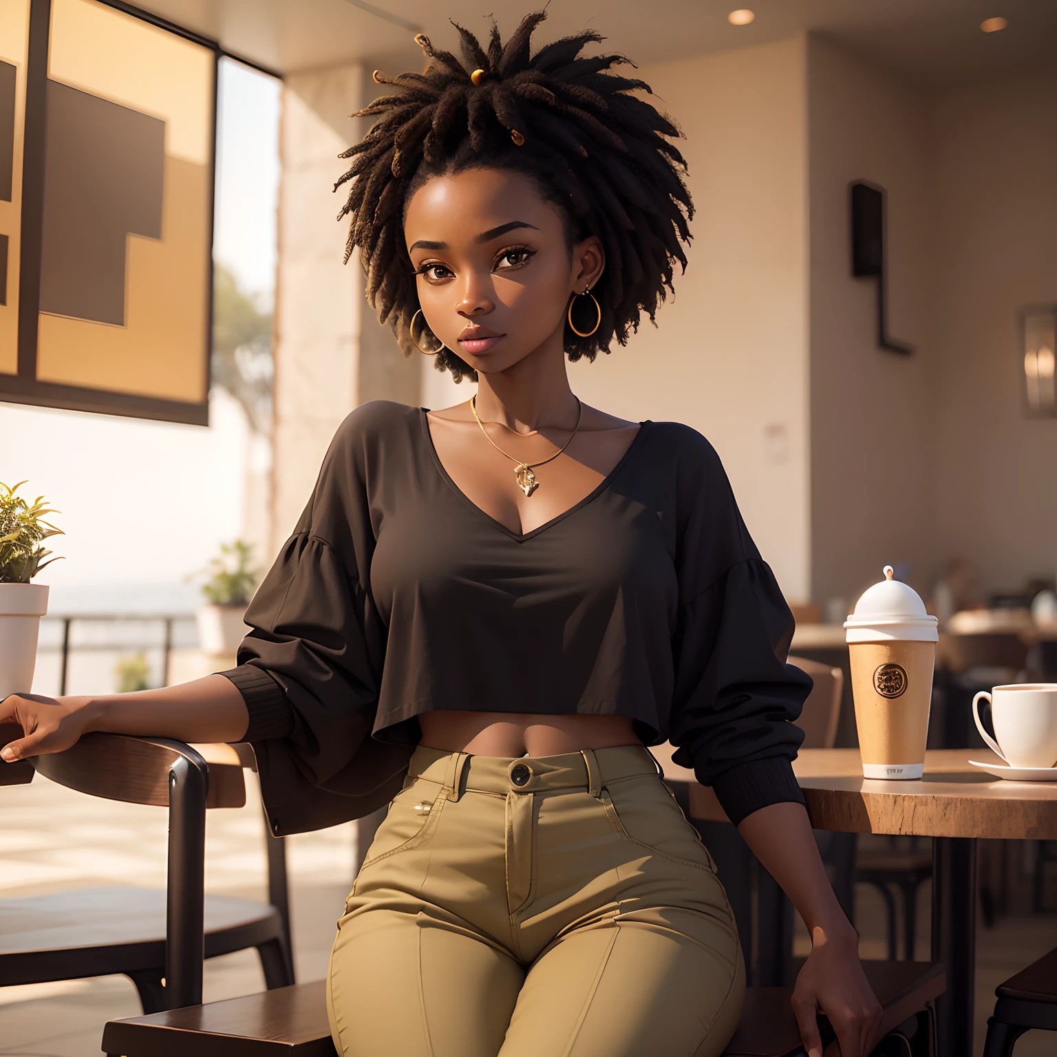 Image of a beautiful 25-year-old African woman of Togolese nationality of introverted nature. With fashionable braids in 2023 average with a medium nose big black eyes with a deep look. Deux jolis fossette,A very thick mouth with a café au lait complexion. Wear coffee-coloured cargo pants and a white crop top, with a fairly generous shape . Prenant une photo dans sa chambre au Togo