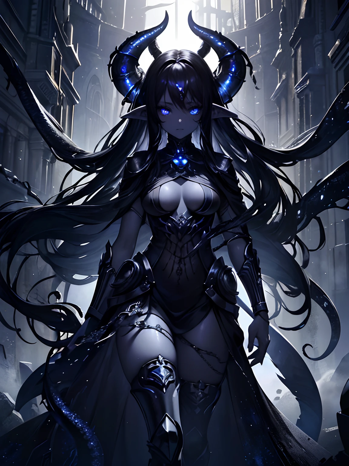 (Masterpiece, Best quality, ultra high resolution),1girl,very long hair,dark black hair,elf ears, black skin, beautiful and detailed face, detailed eyes,ceremonial tunic,(tentacles coming out of his back, metal tentacles, mechanical tentacles, with blades),in a ruined palace, ((grey and blue theme))