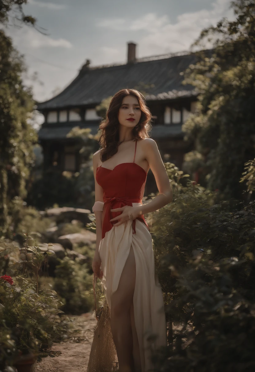 ((top-quality、8K、masterpiece:1.3))、ruined buildings,Abandoned buildings、Broken、dilapidated building、Game Center、Buildings overgrown with plants、creepy atmosphera,Japanese style architecture、puddles、Upper house garden、Sexy Standing Pose,portrait of a full body(1:1),a 18 year old girl,Slender and slender figure,skinny,As thin as a whip post,Smaller bust,Red shoes,Random nudity of the whole body,exhibitionists,face to the viewer