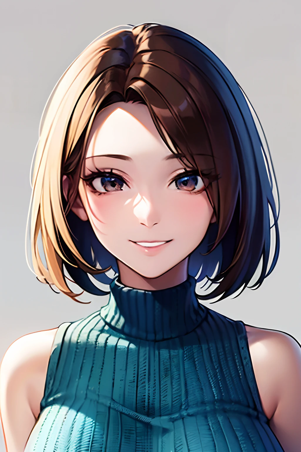 (masutepiece, Highest Quality), Beautiful and aesthetic, 1womanl, Idol, Elegant, (25 years old), Portrait, lightsmile, (Sleeveless knitwear), Entire upper body, Simple background,