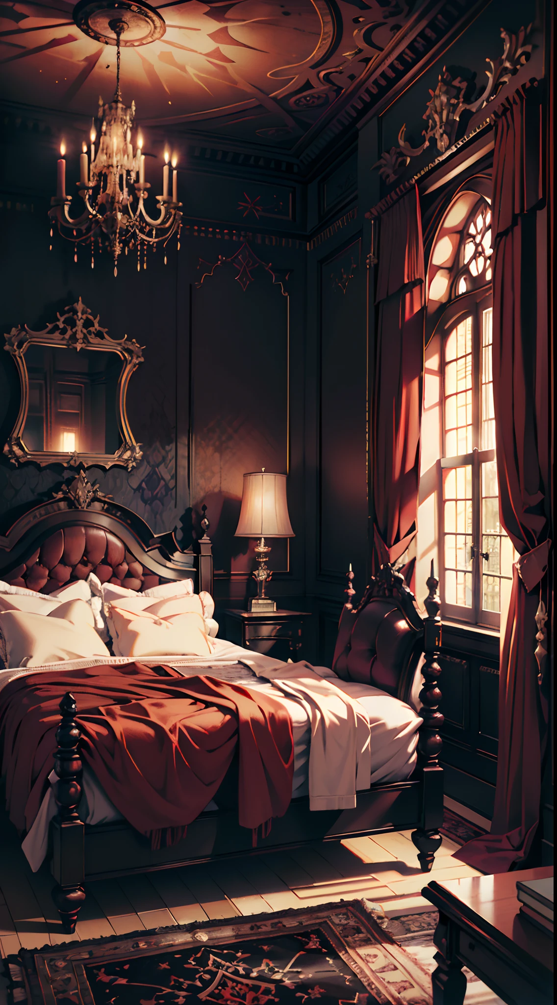 Photography, (bed room, Gothic), Dim light, Gargoyles, Dark wallpaper,curtains, waxy candles, Satan painting, decorations, wooden floor, night sky,carpet, red