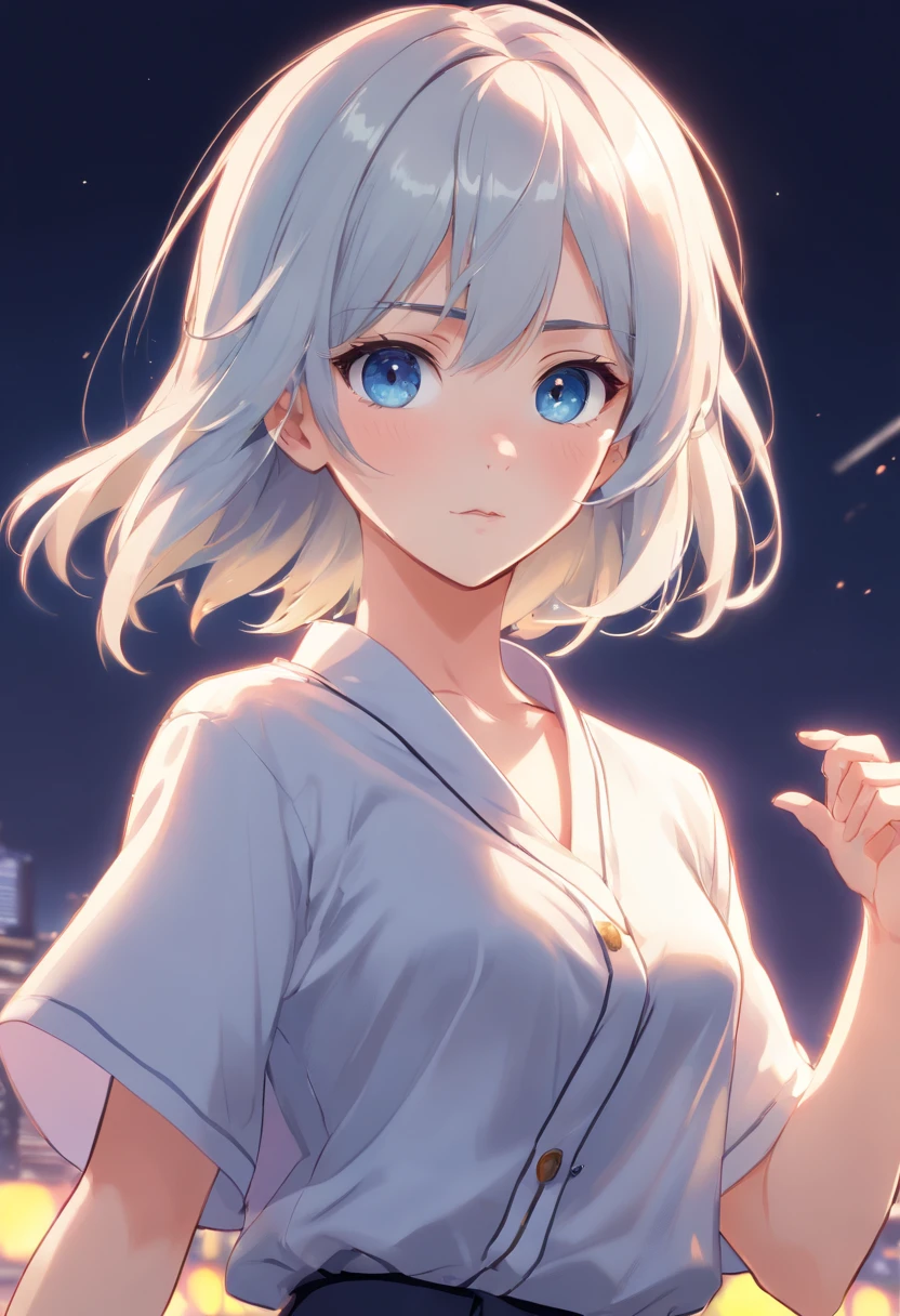 White background, tchibi，short detailed hair，[Simple background],Masterpiece, A girl, Composite cloth, arms at sides, [Upright], Virtual YouTuber, [[Blush]], concept-art, Solo, 1girll,  full bodyesbian, view the viewer, ,[[Financial Planner]]、,Y-shirt on black background, The black background is thin, trouser,buttoning, Black clothes,,Extremely delicate and beautiful girl, anime screencaps, musculous,20 years old, Short hair,[[Wolf hair]]、 If the bangs are hair between the eyes, Black and silver hair, two tone color hair, Beautiful detailed hair, Beautiful face, deadpan, Clear eyes,  Delicate hands, Blue eyes, white skinned, The beautiful