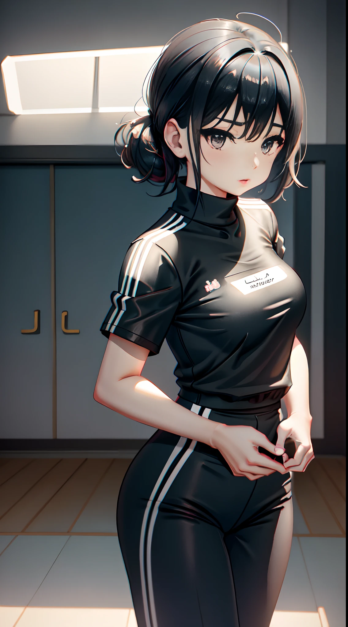 a woman in a short black and white top and black shorts, realistic anime 3 d style, cute sportswear, smooth anime cg art, wearing track and field suit, casual pose, wearing a track suit, seductive anime girl, attractive anime girl, wearing a tracksuit, realistic young anime girl, ilya kuvshinov. 4 k, realistic anime artstyle, sporty