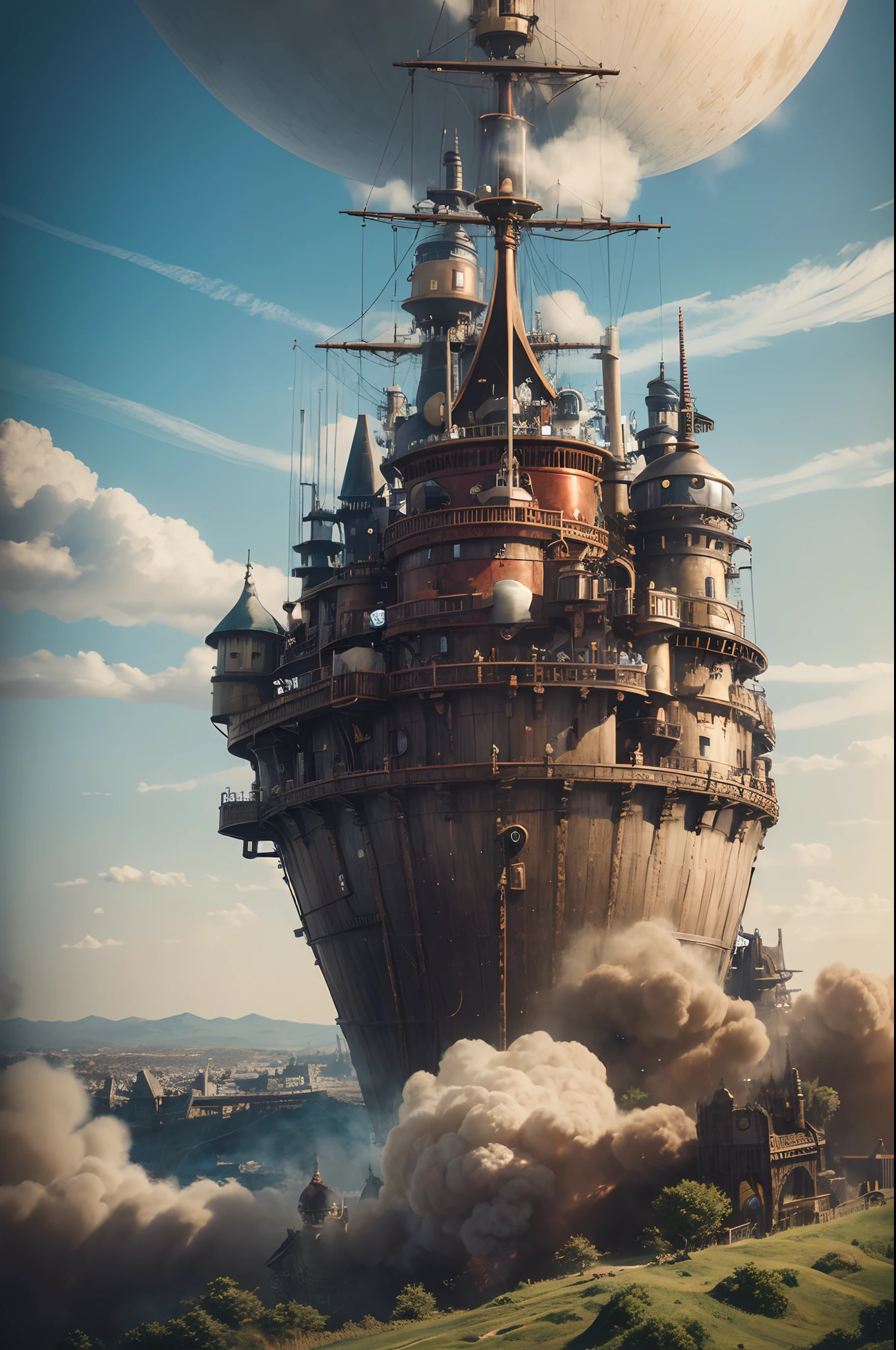 steampunc,Hayao Miyazaki animation,Howl's Moving Castle,Huge moving castle,dynamic blur,super-fine,ultra - detailed,high qulity,8K ,oc rendered,dynamic viewing angle,Hyper Real,Ultra photo realsisim