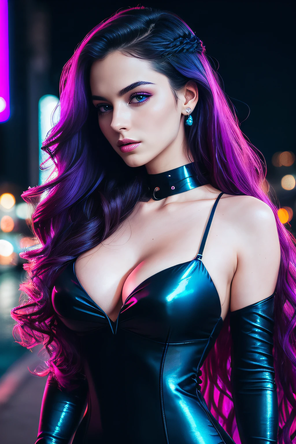 amoled ultra realistic photograph of a 25 years old european girl, RAW, beautiful woman, (extra long wavy black hair), ((portrait)), ((detailed face:1.2)), ((detailed facial features)), (finely detailed skin), pale skin, (high detailed deep cleavage cyberpunk steel dress), black background, (cold colors), damp, moist, reflections, (masterpiece) (perfect proportion)(realistic photo),(best quality), (detailed), (strong amoled magenta and blue neon lighting), (sharp focus) (intricate)