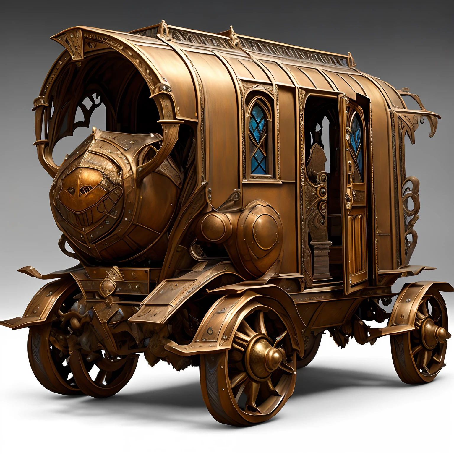 RPG Model BronzePunkAI Carriage (( solo )) Made of bronze stands on the road , Its wheels are visible , The patterns adorning the side doors of the carriage are visible; , Front light.