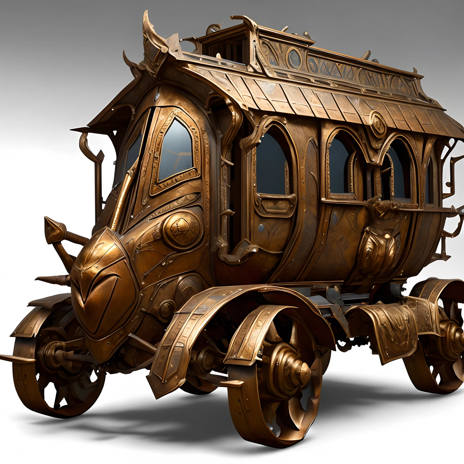 RPG Model BronzePunkAI Carriage (( solo )) Made of bronze stands on the road , Its wheels are visible , The patterns adorning the side doors of the carriage are visible; , Front light.