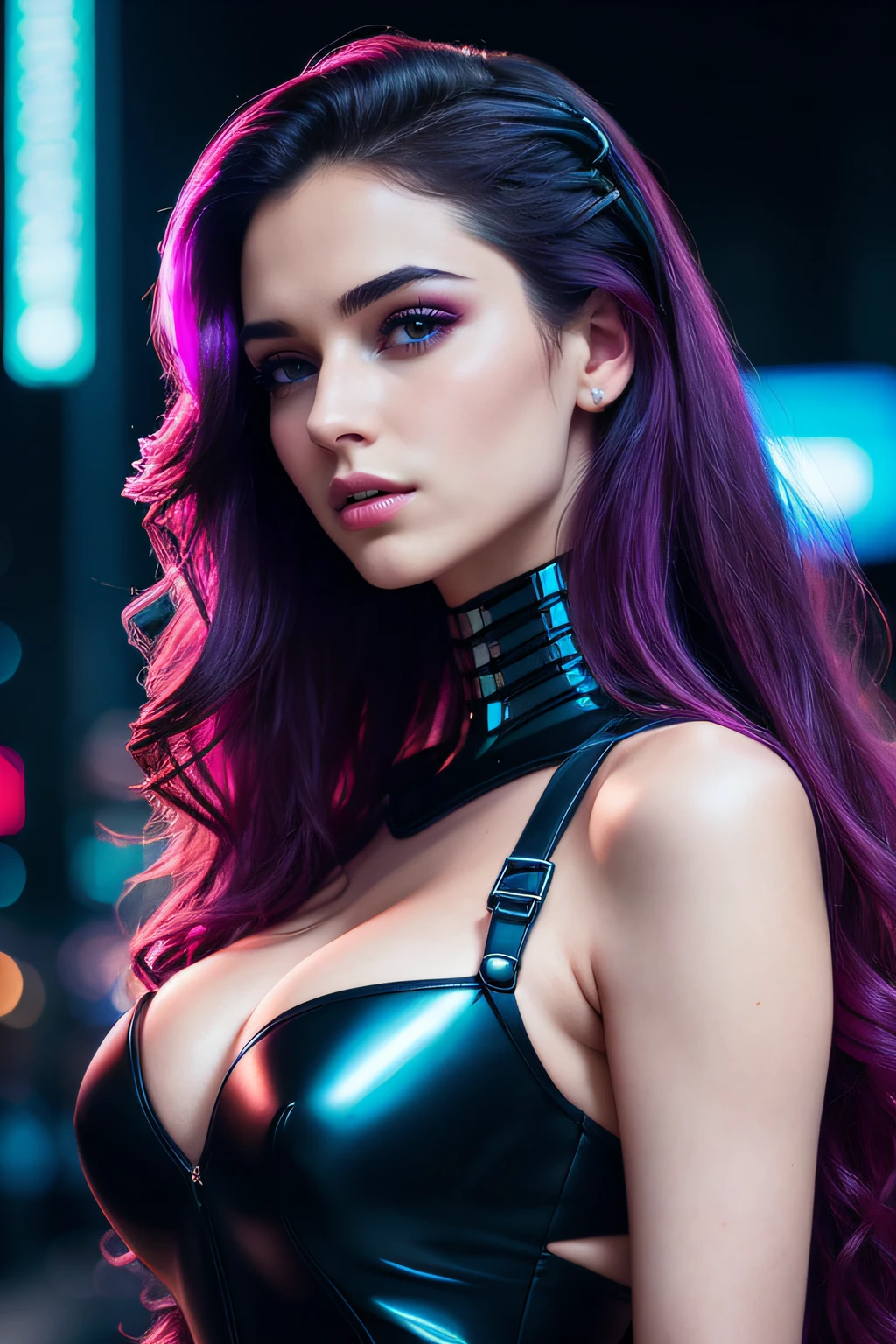 amoled ultra realistic photograph of a 25 years old european girl, RAW, beautiful woman, (extra long wavy black hair), ((portrait)), ((detailed face:1.2)), ((detailed facial features)), (finely detailed skin), pale skin, (high detailed deep cleavage cyberpunk steel dress), black background, (cold colors), damp, moist, reflections, (masterpiece) (perfect proportion)(realistic photo),(best quality), (detailed), (strong amoled magenta and blue neon lighting), (sharp focus) (intricate)