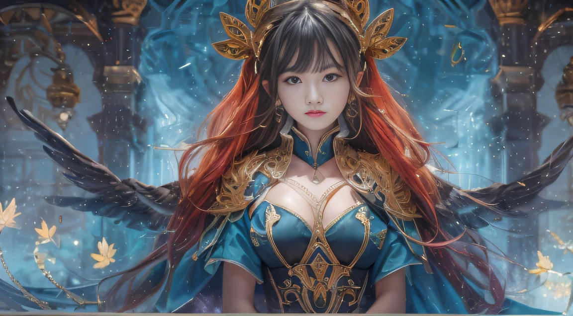 Water Goddess 32K，复杂，ellegance，highly  detailed，A majestic，Digital photography，Autumn cowboy shot，surrealism painting，Broken rubies，Beating magic，Entwined water magic，（tmasterpiece，Cinematic light，Fine beautiful eyes：1.2），hdr，Void 5 Energy Storm，(China 1 girl，Black eyes:1.5），paleskin，Glowing skin，(sitting on the stone：1.5），delicated face，Black color hair，Wearing palatial red armor，cropped shoulders，nabel，short  skirt，Beautiful light blue armor，Rained，big breasts beautiful，looking at viewert，Face away from the camera，tmasterpiece，Side upper body,Side portrait close-up