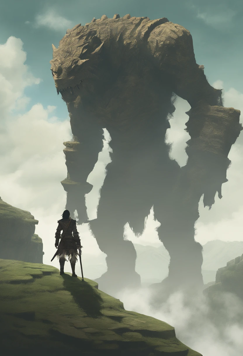 Shadow of the colossus alto, segurando cabo de pedra