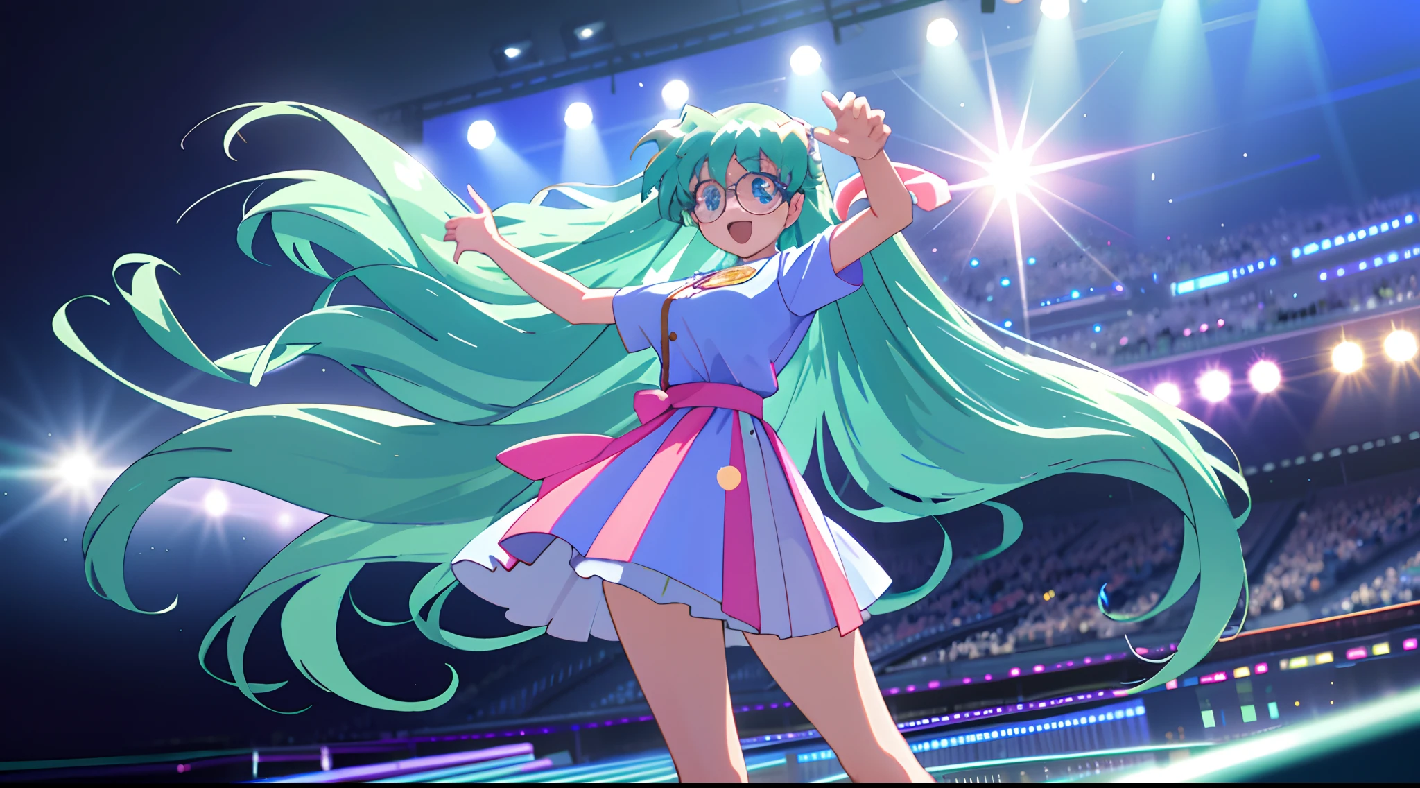 Masterpiece, Best quality, absurderes, Perfect anatomy, 4K, 8K, anime key visual, offcial art, (anime big breast, 2020s anime style:1.1), (illustration:0.2), (Beautiful detailed eyes), (nice hand, Perfect anatomy, Perfect hands),
1girll, Solo,
Natural lighting, Cinematic lighting, Intricate shadows, hdr, Volumetriclighting, highly detailed back ground, (Indoors, Stadium:1.2),
(Smile, Open mouth:0.9), view the viewer, (Dynamic Angle, Dutch angle:1.2), (Depth of field:1.5), zettai ryouiki, (Close-up:1.4),
(From below:1.2)
(Large of breast:1.2), break
break
boots, Break
(heartthrob_Costume, heartthrob), (Stage, Large stage speakers, Large stage speakers:1.3), (stage lighting, Stage focus, Lens flare:1.1), (Light particles:0.4)
(standing on a stage:1.2), Break
(Raise your right hand, Hold 1 microphone in your left hand:1.2), break
Sila McLeger, aqua hair, low-tied long hair, Very long hair, Glasses, circle glasses, (anime big breast, retro artstyle, 1990's \(Style\):1.3),