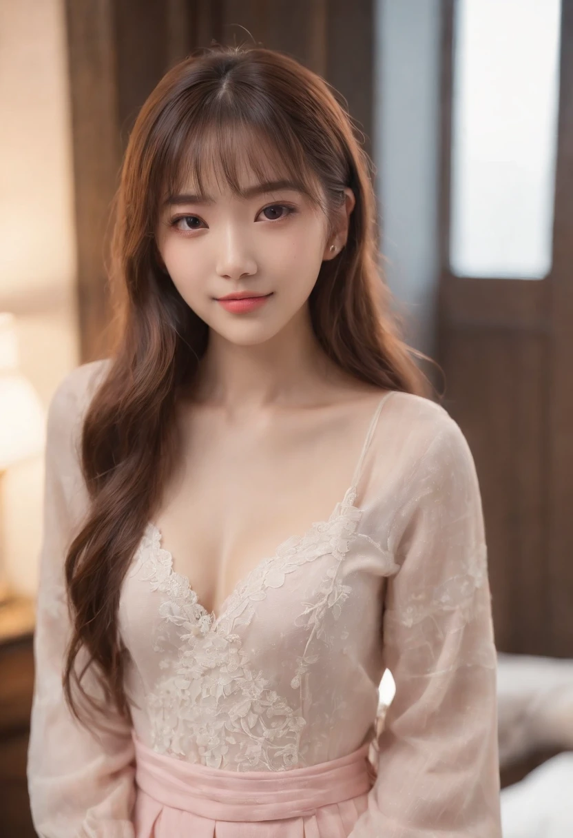 top-quality, Photorealsitic, ​masterpiece, 8K, Hi-Res, 独奏, 1girl in, (((infp young woman))),、full body Esbian、(small tits), ((Look at viewers)), (look at a camera), ((Different hairstyles close to long)）、Perfect straight black hair、(((With bangs)))、 (profetional lighting), Highly detailed bright face、Gentle Japan girl、Lovely smile、Small cleavage、With lace、Pink（long-sleeve）、Standing in the room