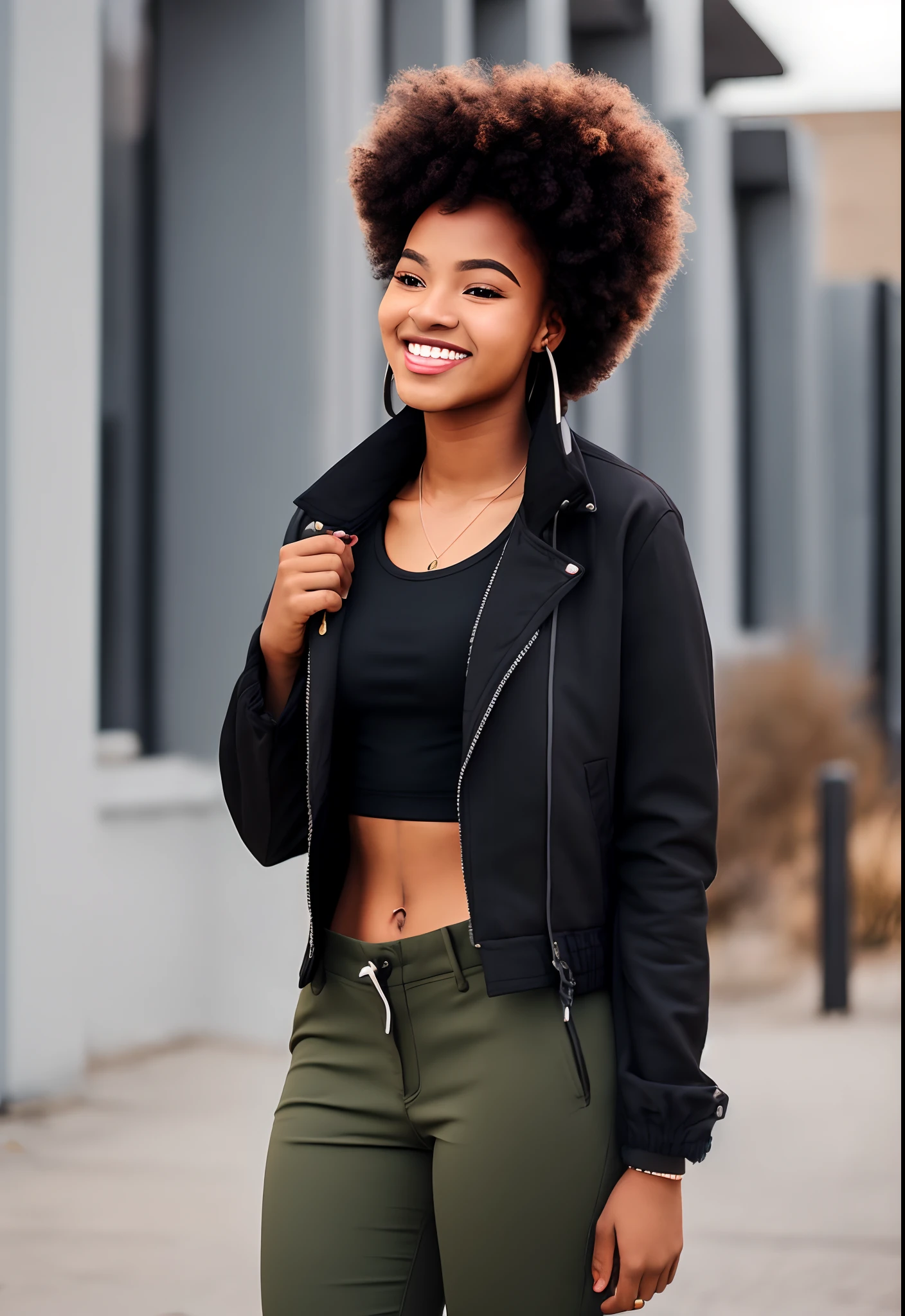 18-24 years old Black woman. with long black. olive complexion, slim body. average height, normal weight. medium chest. wear black jacket pants clothes. normal pose. on an urban/architectural background. giving off a happy aura. full body photo. captured from a front view angle. normal.