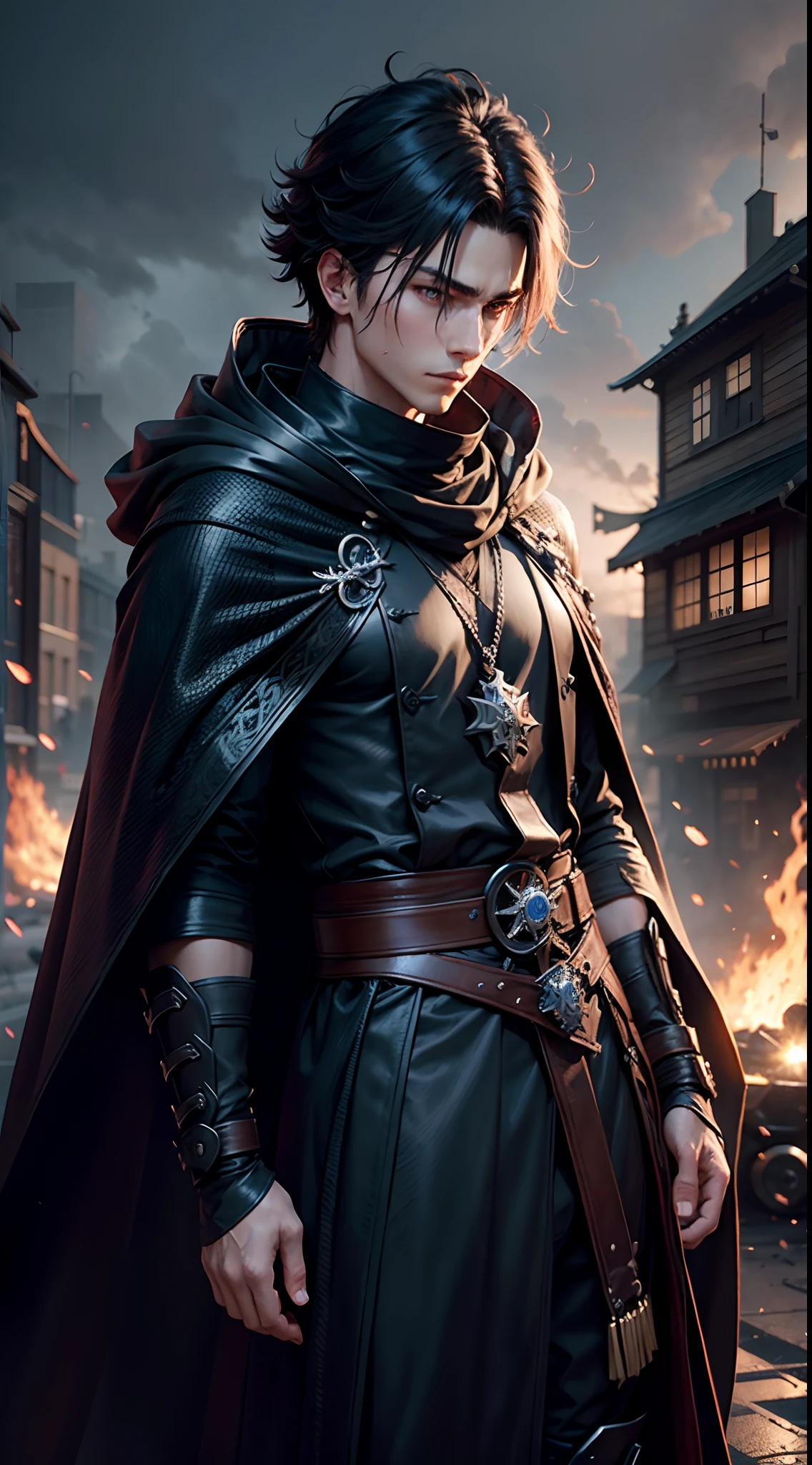 young man, male, black cloak, harajuku hair style, battlefield, ultra detail, ultra realistic, masterpiece, movie scene, battlefield