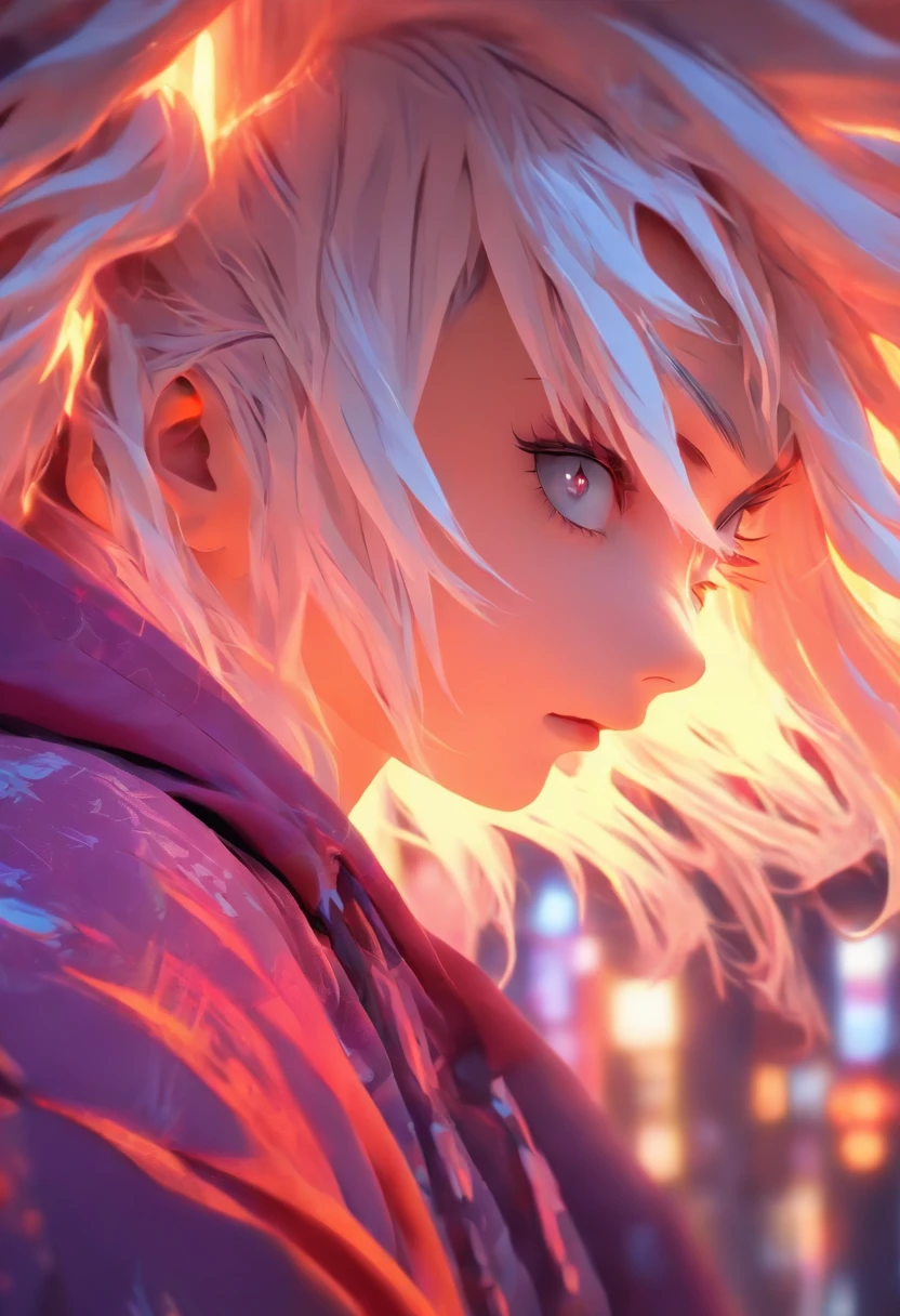Top quality, Masterpiece, high resolution, 8K, Hoodie and anime style girl, One girl, detailed line art, Digital enhancement, Close up, Bright white hair,Anime core, Flowing fabric,rot,torogao,An expression of despair