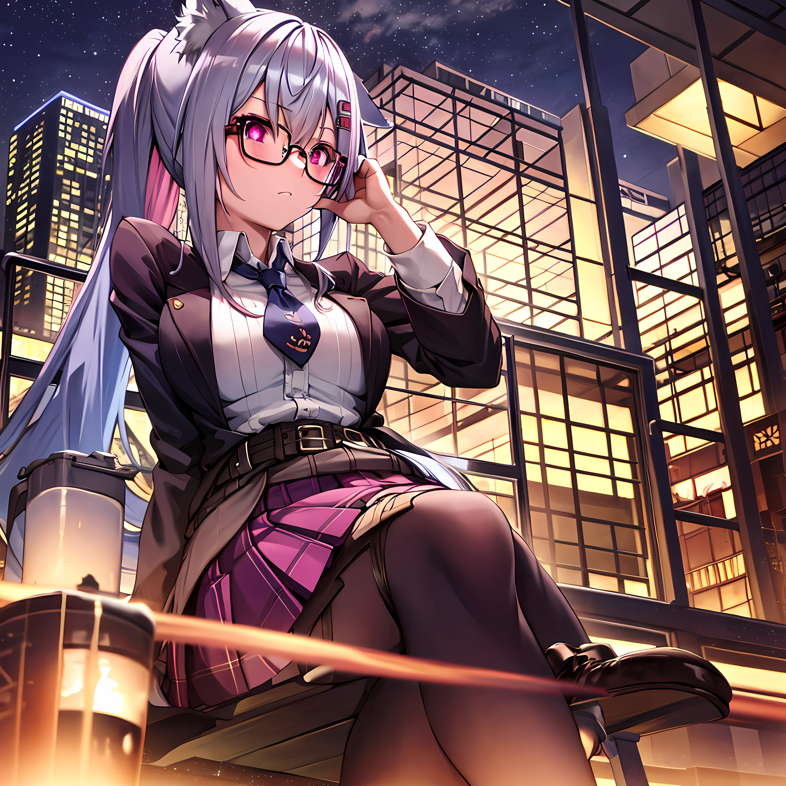 girls, pink hair, blue yellow eye, wolf ear, glasses, short skirt, school outfit, medium breast, stocking, horsetail hair style, night theme, park, sit on the chair