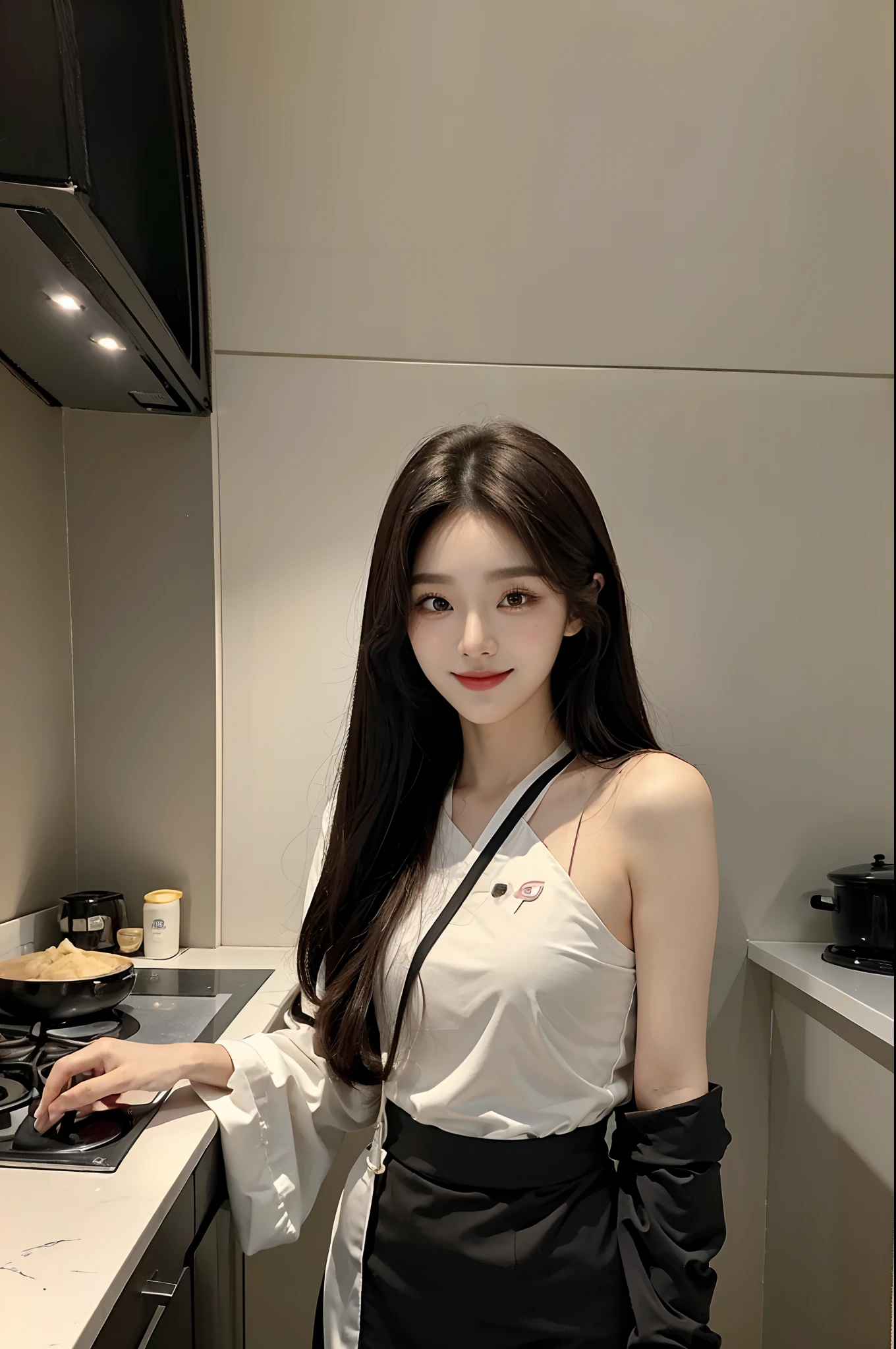 masterpiece、top-quality)、1 beutiful girl、Slim body、((Black and white loungewear:1.1))、(Detailed beautiful eyes)、In the kitchen of a rich man's house、Face similar to Chaewon in Le Selefim、((Boyish Brown Medium Hair))、((Smaller face))、((Neutral face))、((Light brown eyes))、((Korean Girl))、((18year old))、((cool lady))、((A shy smile on his face))、((Korean Makeup))、((elongated and sharp eyes))、((Happy dating))、((boyish))、((I'm cooking with a kitchen knife))、((shot from front))