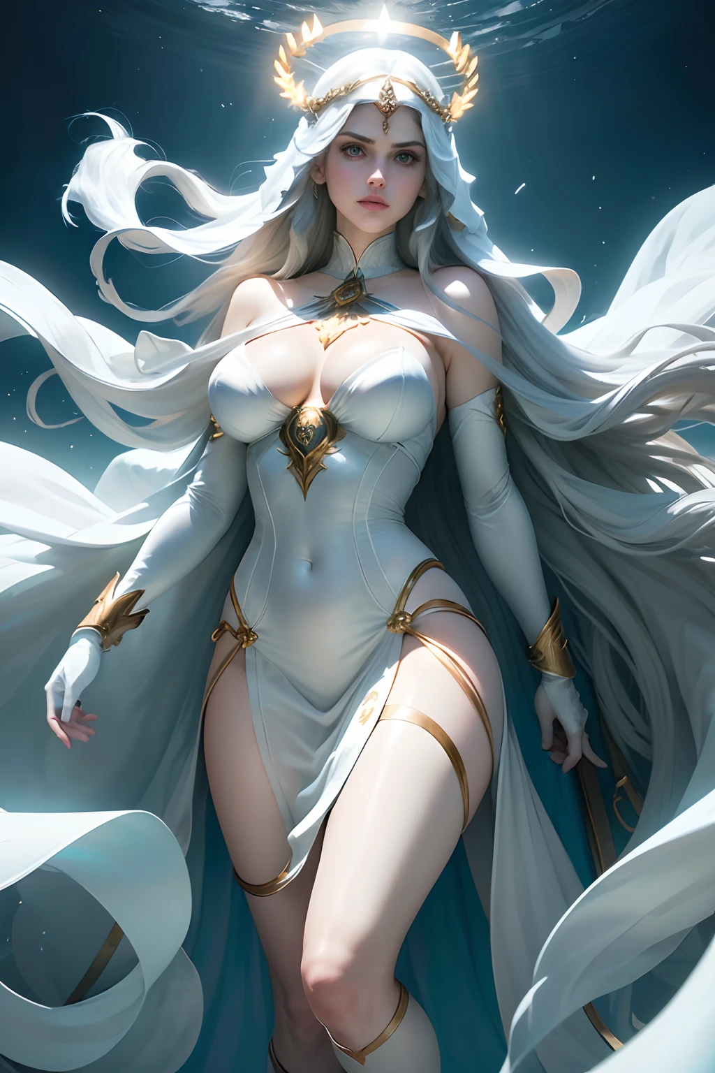 ((Alexandra daddario is goddess of light)) (she has bright blue eyes)(red lips) (very long hair flowing around)((very huge breasts)) (perfect slim body)(she wears a windy long transparent white dress, white gloves and white stockings)(she wears neck and ears gold ornaments)(she is floating above the clouds)(she have a halo of light over her head)(high definition, amazing lights and shadows)((masterpiece))(8k)(perfect face) (perfect hands)