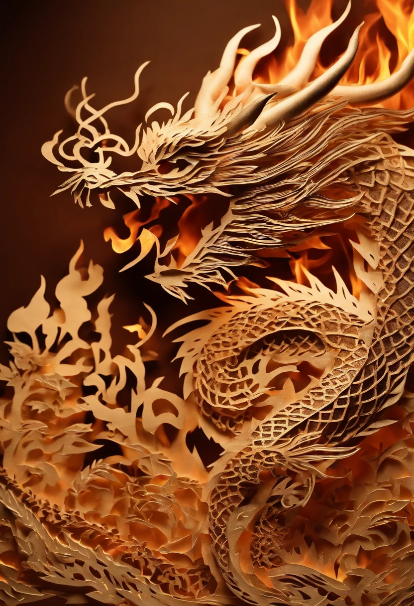 Best Quality, Top image quality, Top resolution, Intricate details, Craftsmanship, (Papercut:1.5), Fire magic, Ring of Fire, Dragon engulfed in flames,Flames sticking out of the dragon's mouth, Paper burning, fire, Real Fire、A truly fiery dragon、Dragon's Beard、Chinese Dragon、(Paper cutouts are on fire:1.5),the fire