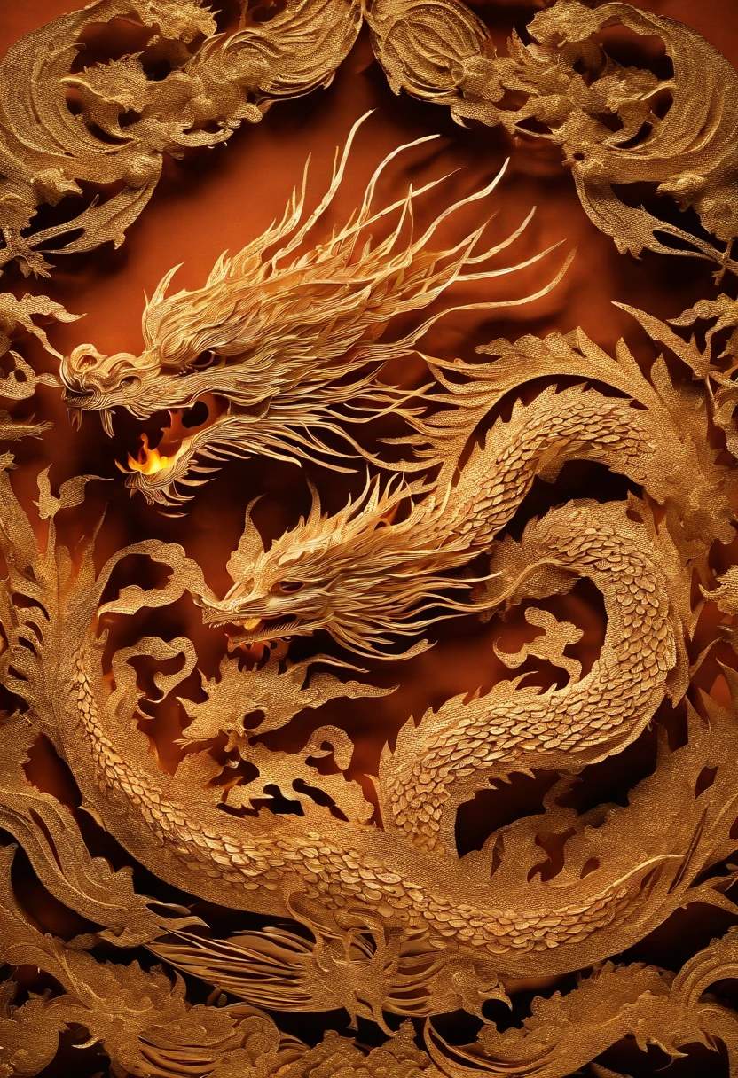 Best Quality, Top image quality, Top resolution, Intricate details, Craftsmanship, (Papercut:1.5), Fire magic, Ring of Fire, Dragon engulfed in flames,Flames sticking out of the dragon's mouth, Paper burning, fire, Real Fire、A truly fiery dragon、Dragon's Beard、Chinese Dragon、(Paper cutouts are on fire:1.5),the fire