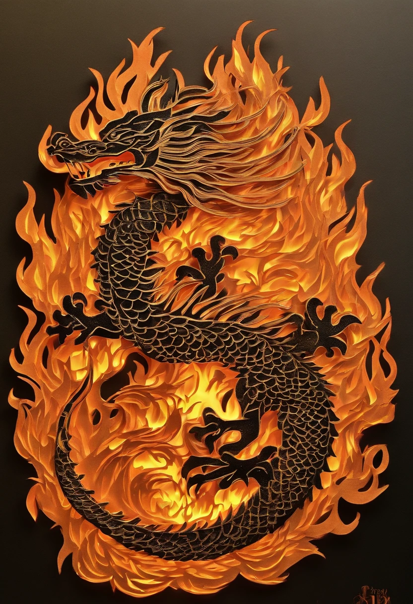 Best Quality, Top image quality, Top resolution, Intricate details, Craftsmanship, (Papercut:1.5), Fire magic, Ring of Fire, Dragon engulfed in flames,Flames sticking out of the dragon's mouth, Paper burning, fire, Real Fire、A truly fiery dragon、Dragon's Beard、Chinese Dragon、(Paper cutouts are on fire:1.5),the fire
