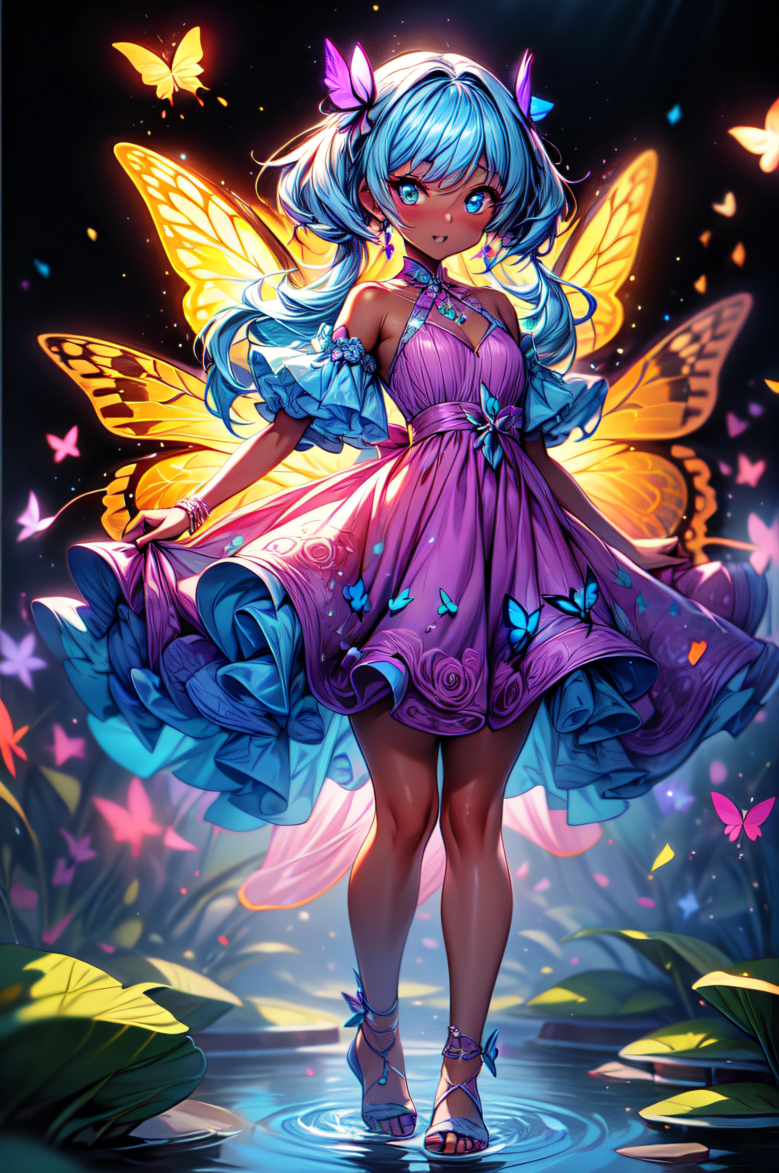 bird's-eye shot, Best quality, Beautiful detailed, Ambient light, Ray-traced reflections, glowing aura, 1 girl,wide shot, A girl, full body, long, multicolored hair, dark skin, butterfly wings on her back, flying and touching the water that covers the entire ground with the tips of the toes, Wearing semi-transparent clothing, good lighting, Incredible detailed particle illumination, full body, Butterflies around.irl, looking the camera.