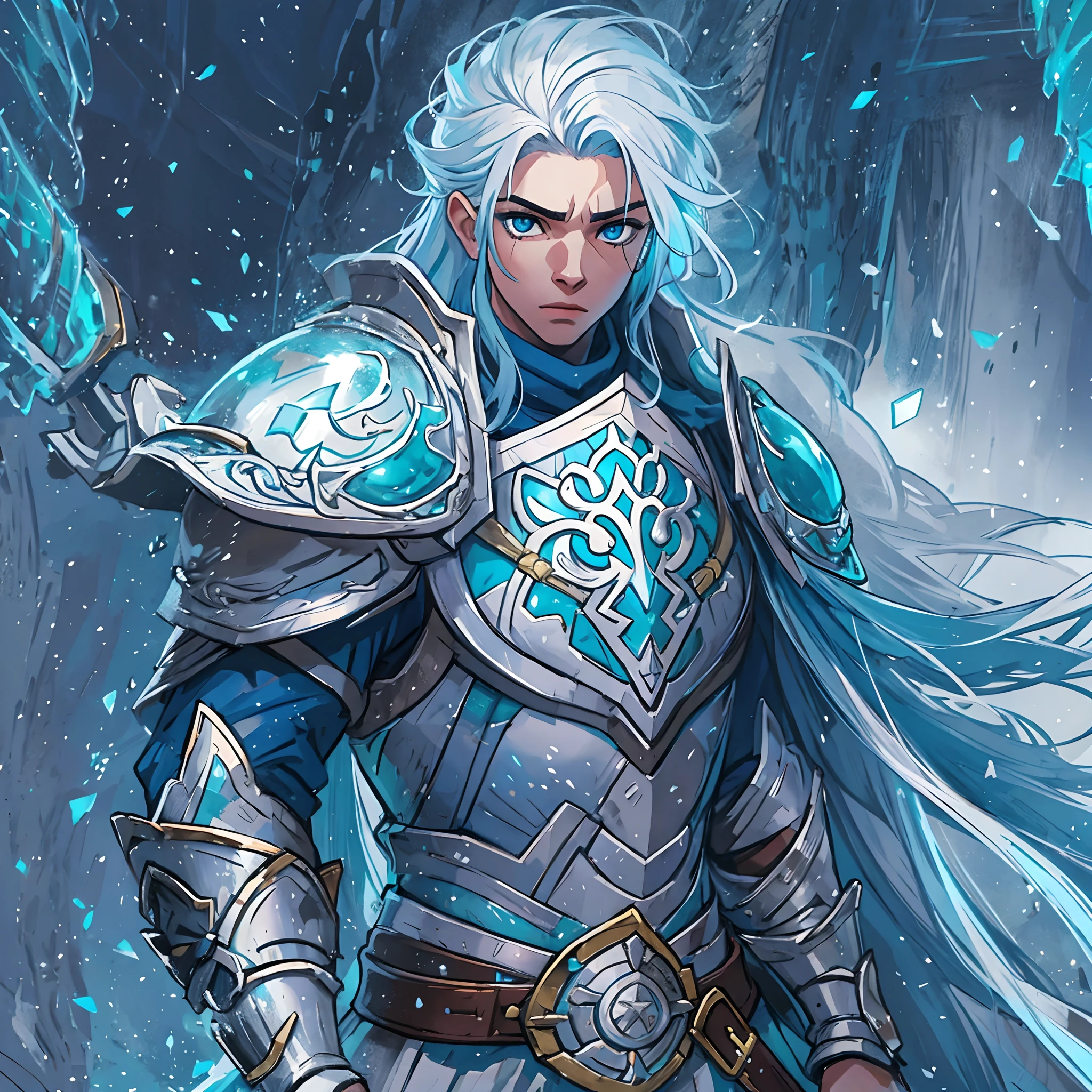 um jovem guerreiro, Um nobre cavaleiro, guerreiro de um reino vestindo ouro, armadura azul e branca;, uma armadura angelical, This warrior is young with ice powers, your hair is short at ear height, como um corte de cabelo estilo emo, tem cabelos brancos como a neve, He is a great warrior of a blue and white kingdom, his eyes are blue as the ocean, He is from the Angelica family, Lights make up the image, juntamente com neve e um brilho branco, no fundo uma cidade de rpg durante um inverno enquanto neva, uma arte medieval para RPG
