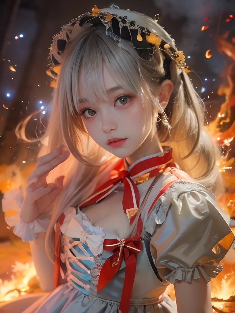 8K, Raw photo, Photorealistic, (Detailed skin, Best Quality:1.2), (sweetlolita, lolita dress), (Long hair:1.3, short bangs), , neat face, Teenage J girl at night, erupting volcano at night, flowing lava, (flames:1.5), mystical lighting