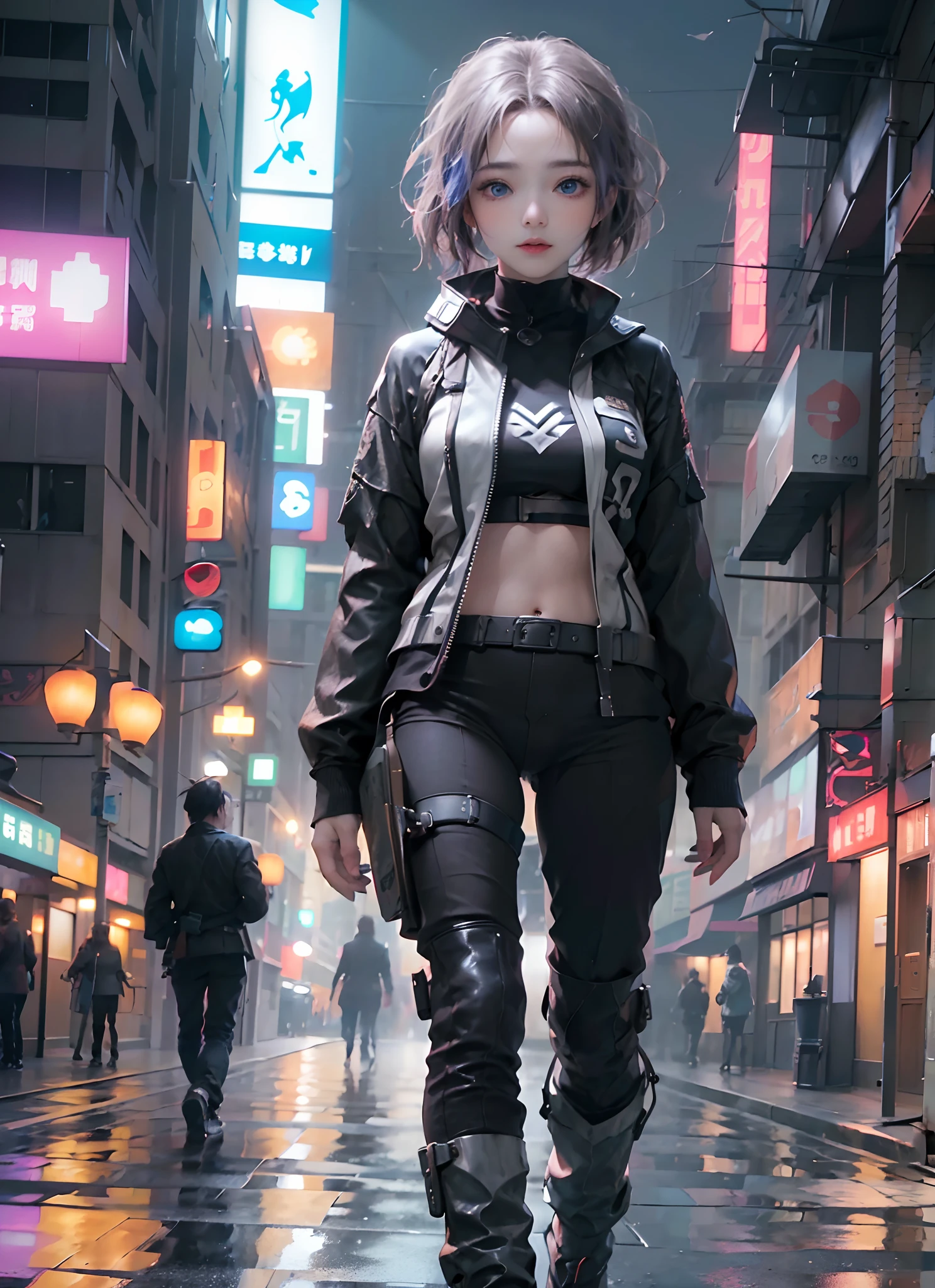 ((top-quality)), (((masterpiece)), (detaileds: 1.4), 3D, Beautiful Cyberpunk Woman Image, bob cuts, Broken black tights, leather clothes, Electromechanical, nffsw(HighDynamicRange), Ray traching, NVIDIA RTX, Hyper-Resolution, Unreal 5, Sub-surface scattering, PBR Texture, Postprocess, Anisotropy Filtering, depth of fields, Maximum sharpness and acutance, Multilayer Texture, Albedo and Highlight Maps, Surface Coloring, Accurate simulation of light-material interactions, perfectly proportions、octane renderings、two tone lighting、Large aperture、Low ISO、White Balance、thirds rule、8K Raw、masterpiece、top-quality、(8k extremely detailed CG unit wallpaper)(top-quality)、(The best illustrations)、(Best Shadows), blue eyes, long hair, big titt