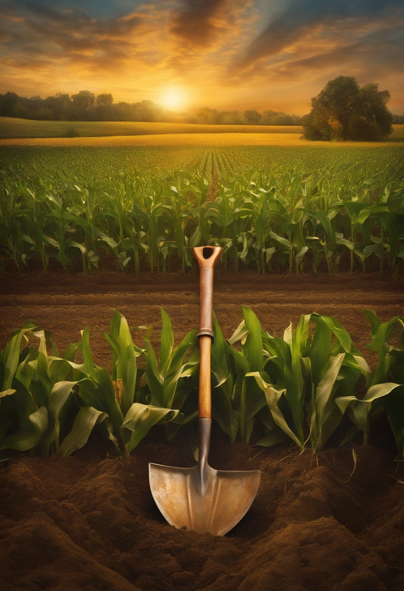 shovel with ribbon on the handle stuck in ground (background: corn fields, dawn sky) oil painting, canvas texture, detailed