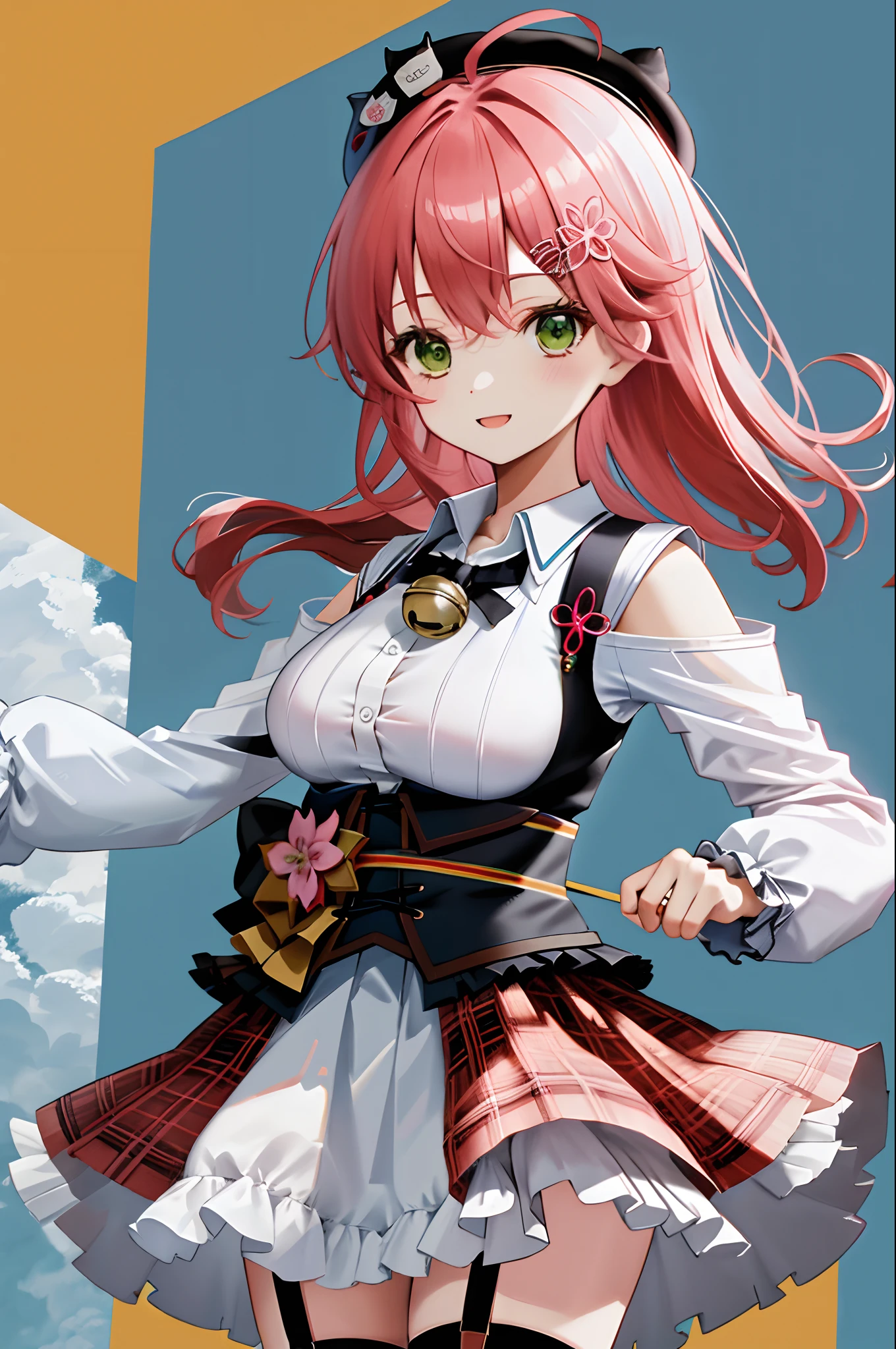 masutepiece, Best_Quality, hight_resolution, miko2,Ponytail, 1girl in, Green eyes, Ahoge, black headwear, Hair Ornament, White shirt, black thighhighs, Pink hair, Red short_skirt, plaid skirts, garter_strap, Collared shirt, hair clips, frilld, Bangs, hair between eye, frills skirt, beret, Pleated skirt, Hair Flower, Neck bell, , puffy long sleeves, Black bow, Underbust, Cowboy Shot,Smile, big_breasts,