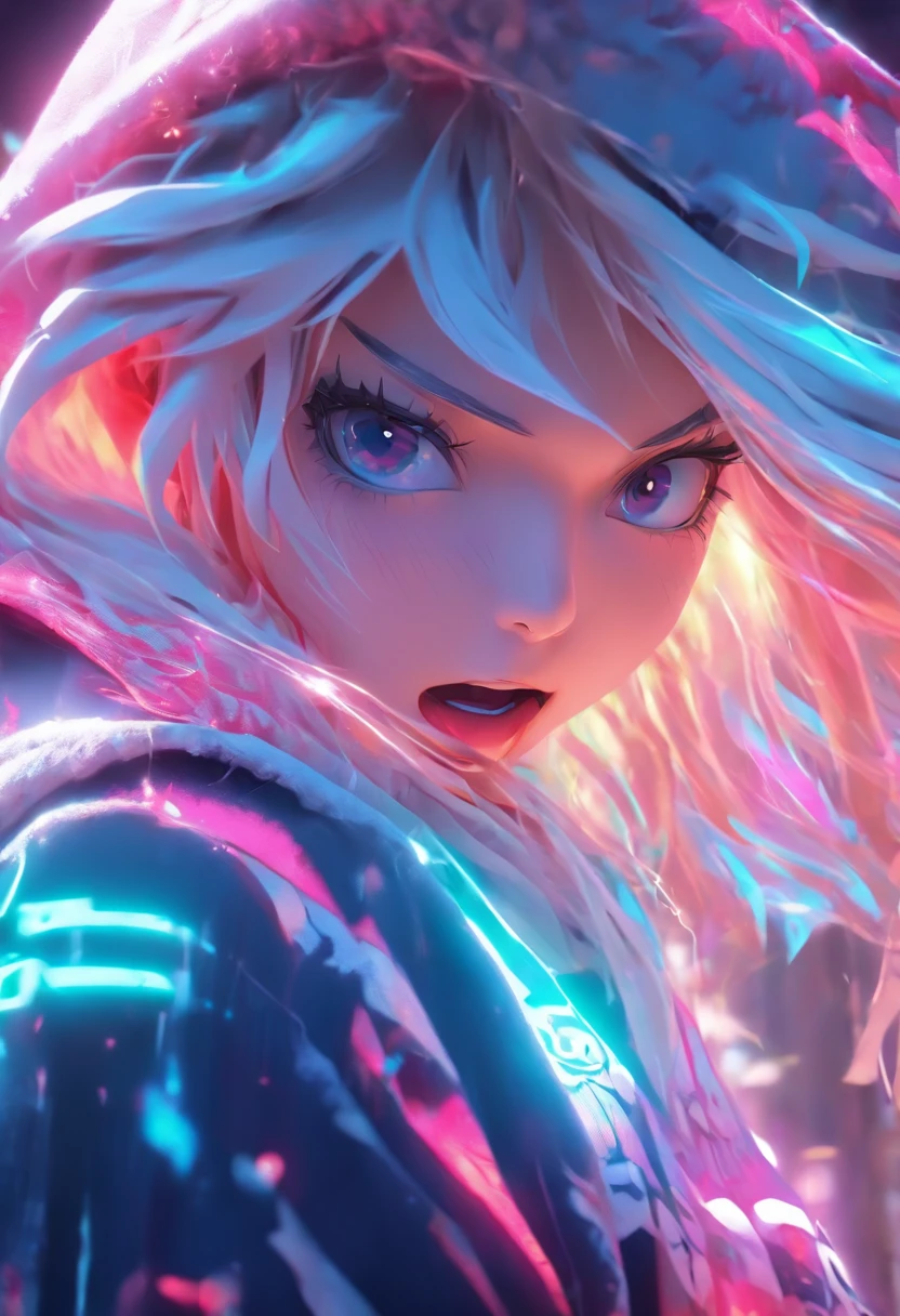Top quality, Masterpiece, high resolution, 8K, Hoodie and anime style girl, One girl, detailed line art, Digital enhancement, Close up, Bright white hair,Anime core, Flowing fabric,rot,torogao,Grimacing