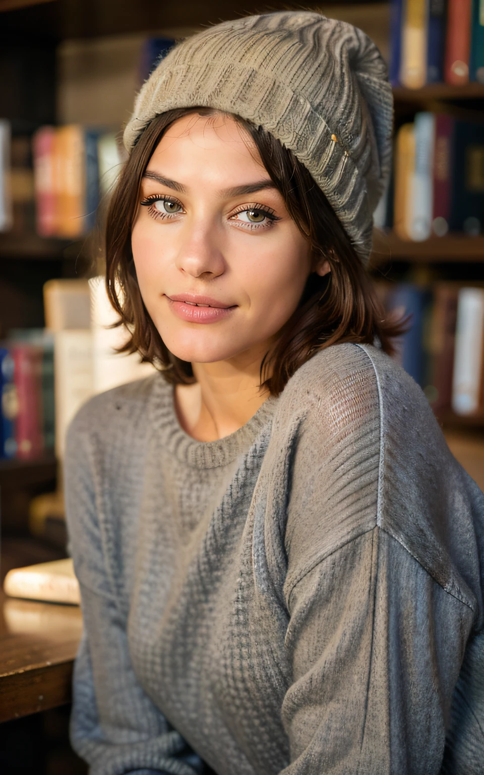 cute beautiful brunette, wearing a beanie, wearing wooly jumper and jeans, in a cosy bookshop with dim lighting, dark and moody, wide angle view, very detailed, 22 years old, flirty face, short hair, brown eyes, high-res, masterpiece, best quality, intricate details, highly detailed, sharp focus, detailed skin, realistic skin texture,detailed eyes, professional, 4k, smile, shot on Canon, 85mm,shallow depth of field, kodak vision color, eyeshadow, extremely detailed, photo_\(ultra\), photorealistic, realistic, post-processing, max detail, roughness, real life, ultra realistic, photorealism, photography, 8k uhd, photography,