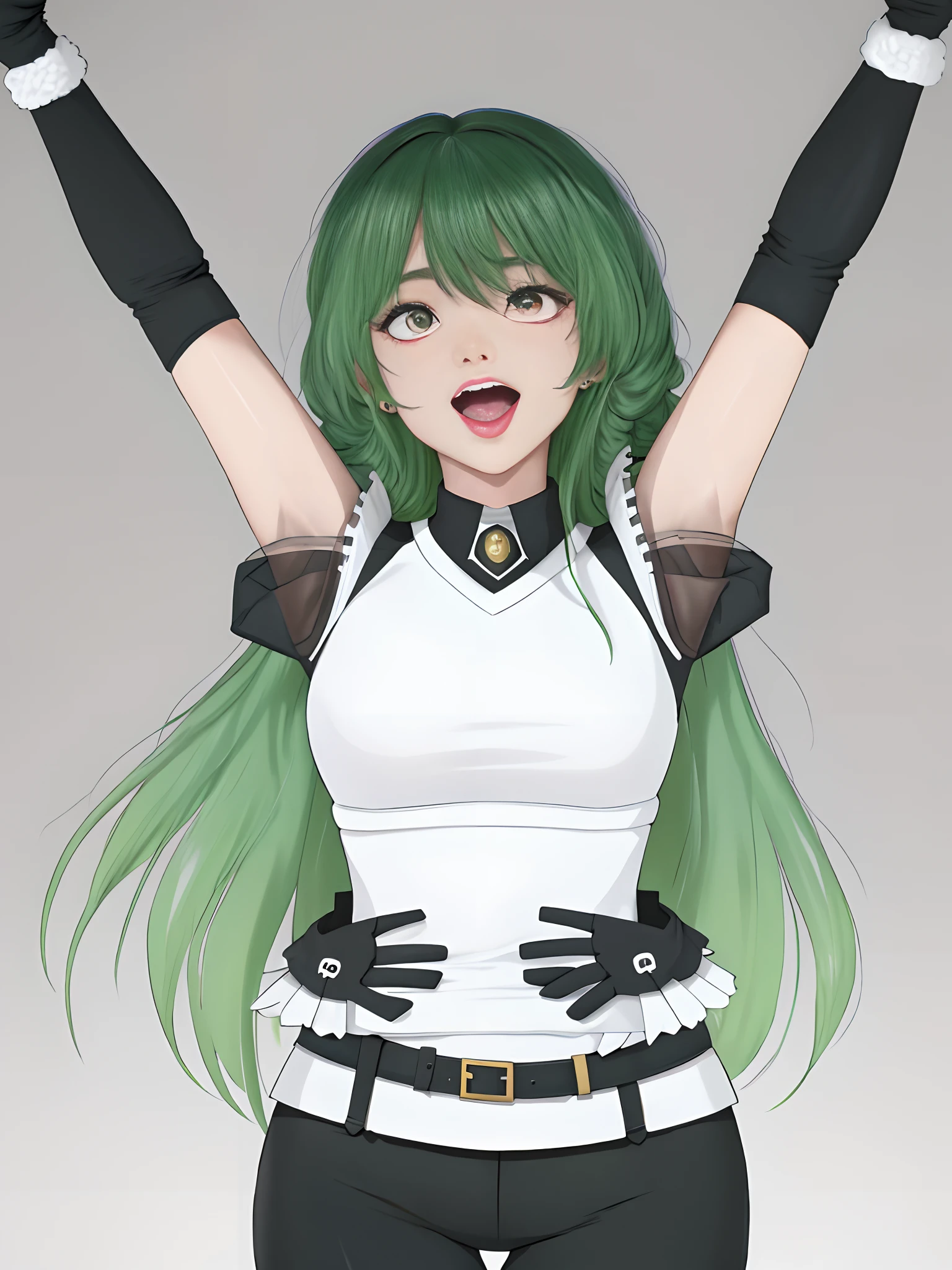 tmasterpiece, Best quality at best, 1girll, 独奏, teardrop, Be red in the face, dreads, scream, and the tongue sticks out, laughingly, with her mouth open, roll eyes, head looking up, full bodyesbian, Armpits, Arms up, (Torso grab, Tickle, mitts, Intangible limbs:1.2), TKL