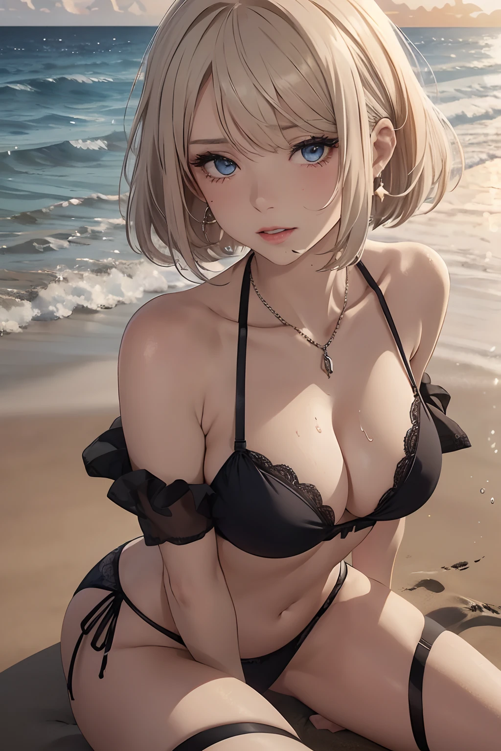 (masterpiece: 1.3), (max resolution: 1.2), (Ultra HDTV: 1.2), cinematic light, Ultra HDTV, (Detailed eyes and skin), (detailed facial features), nfsw, 8K resolution, Sharp Focus: 1.2, Perfect Style, Beautiful face, acurate, Anatomically correct, Highly detailed face and skin texture, Detailed eyes, blue eyes, Double eyelids, Thin eyebrows, Glitter Eyeliner: 1.2, Natural cheeks, Glossy skin, Fair skin: 1.2, shiny little necklace and large earrings, (red lips: 1.4),  (tmini skirts: 1.2), ((Look up at me))), (Shy look: 1.2), (29 years old, Neat girl), (ponytail in high position, bobcut Hair, Yellow hair, bangs flowing diagonally), Medium Long Hair, scene seen from above,, (Focus on Face:1.2), ((large full breasts)), (upturned breasts), (((in beach with sunset: 1.2)), ((She is lying in beach.)), ((She  lifted her chin:1.2)), (Looks away from me a little。)), Highly detailed facial and skin texture, Detailed eyes, Double eyelids, Natural cheeks, Blue eyes,  shiny little necklace and earrings, shiny lips: 1.4,Exposed cleavage、dripping sperm、red blush、Traces of tears、embarrassed from、red underwear、ref bra、Open knees、open one's legs、Masturbation behavior、revealing  clothing、Exposed panties、Wearing sweat、sodden、Sheer underwear、red blouses、Sexually arousal、Uttori、