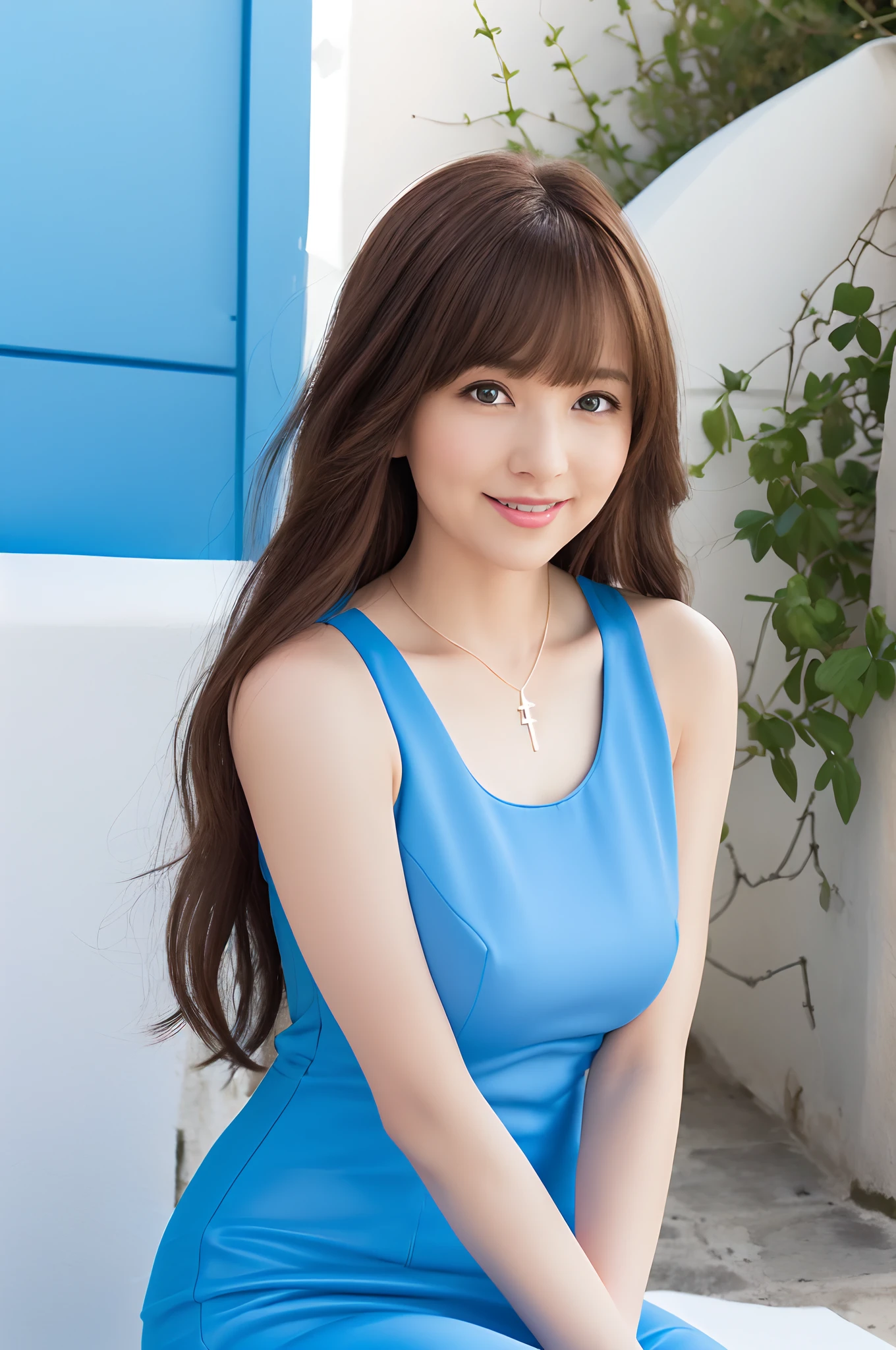 One woman standing, maturefemale, /(pencil dress/) /(Bright blue dress/) Necklace, /(Brown hair/) Bangs, blush gentle smile, (masterpiece best quality:1.2) Ultra-detailed delicate illustrations, large full breasts, Lower your arms and rest /(Streets of Santorini/), Detailed background