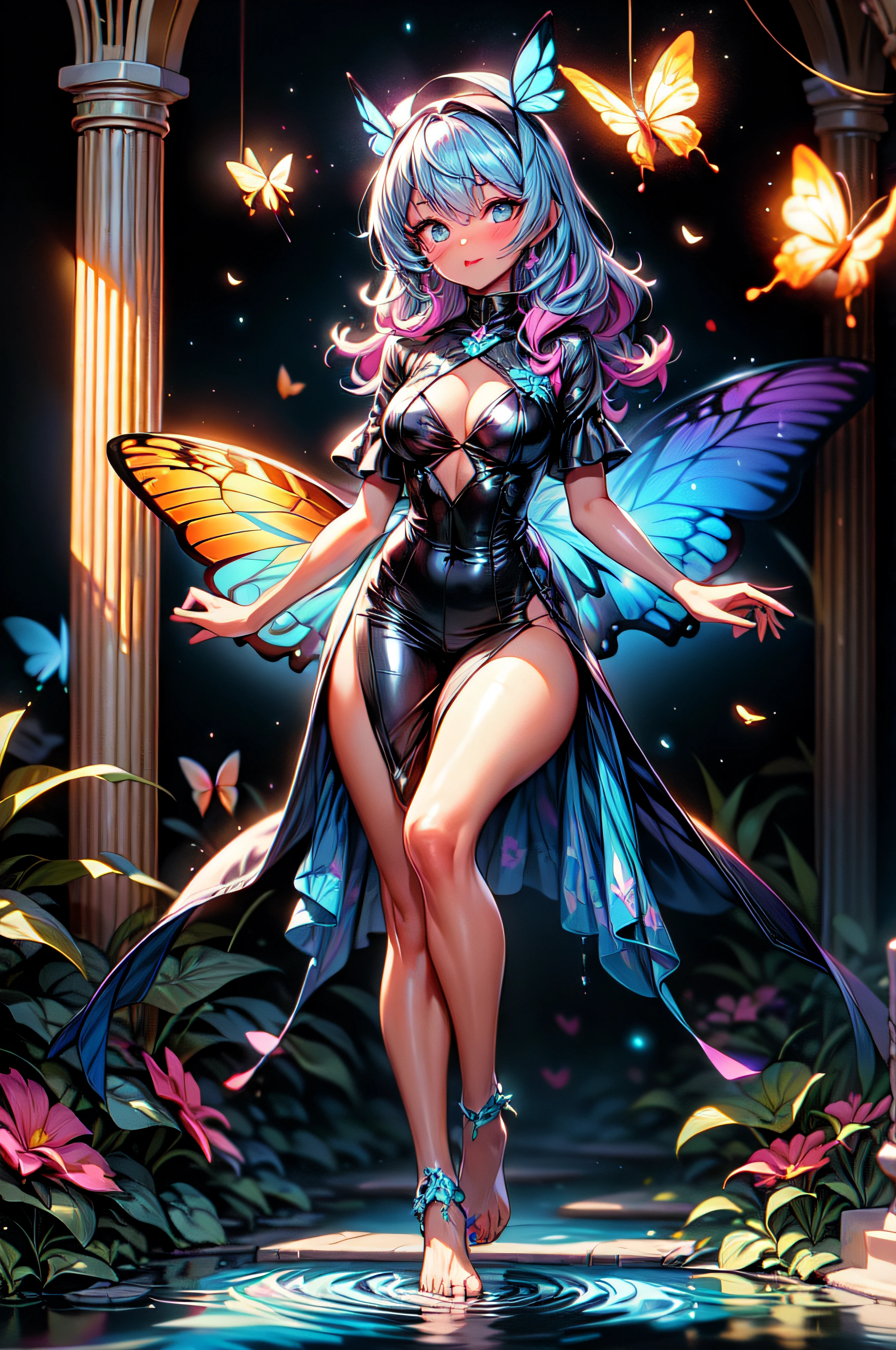 bird's-eye shot, Best quality, Beautiful detailed, Ambient light, Ray-traced reflections, glowing aura, 1 girl,wide shot, A girl, full body, long, multicolored hair, dark skin, butterfly wings on her back, flying and touching the water that covers the entire ground with the tips of the toes, Wearing semi-transparent clothing, good lighting, Incredible detailed particle illumination, full body, Butterflies around.irl, looking the camera.
