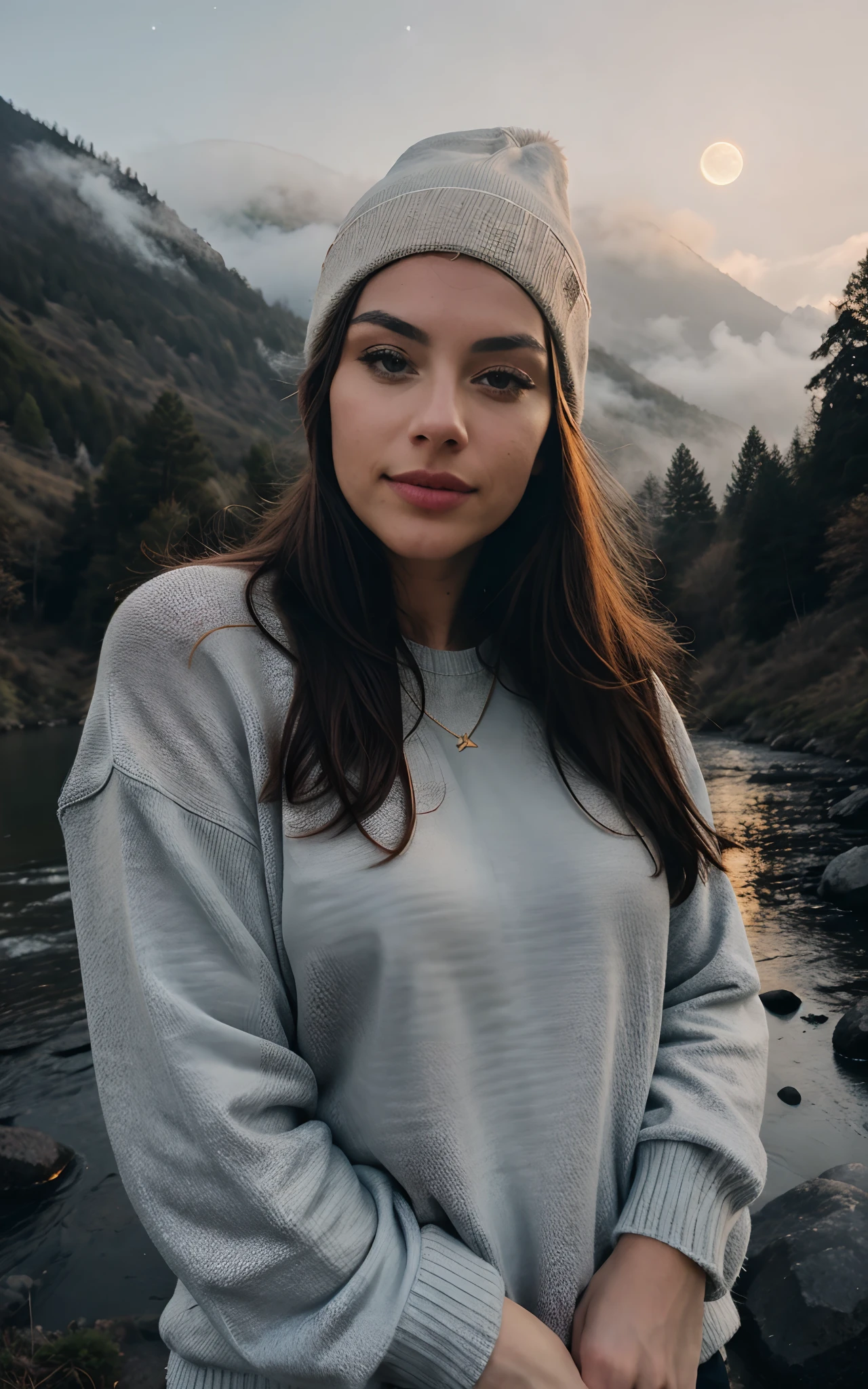 photorealistic, best quality, hyper detailed, beautiful woman, selfie photo, upper body, solo, wearing pullover, outdoors, (night), mountains, real life nature, stars, moon, (cheerful, happy), sleeping bag, gloves, sweater, beanie, flashlight, forest, rocks, river, wood, smoke, fog, clear sky, analog style, looking at viewer, skin texture, film grain, close up, ultra high res, best shadow, RAW, instagram LUT