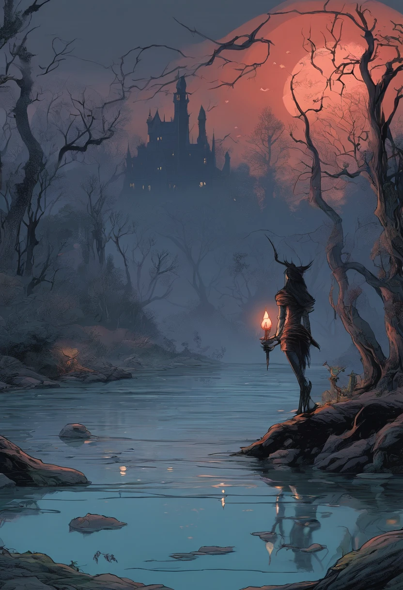 In a horrible fairy-tale swamp under the moonlight, a demon negotiates with a traveler, (best quality,4k,8k,highres,masterpiece:1.2),ultra-detailed,(realistic,photorealistic,photo-realistic:1.37), dark fantasy, haunting atmosphere, mystical fog, twisted tree roots, eerie glowing mushrooms, murky green water, moss-covered rocks, ripples on the surface, subtle moonlight reflections, sinister silhouette of the demon, sharp and menacing features, glowing red eyes, ghostly pale skin, intricate tattoos, malevolent smirk, tall and elegant traveler, worn-out clothes, determined expression, flickering torch held high, mystical artifacts, ancient parchment with cryptic symbols, eerie whispers, heavy air filled with tension, dim candlelight, misty ethereal figures lurking in the background, haunting shadows cast by moonlight, suspenseful ambiance.