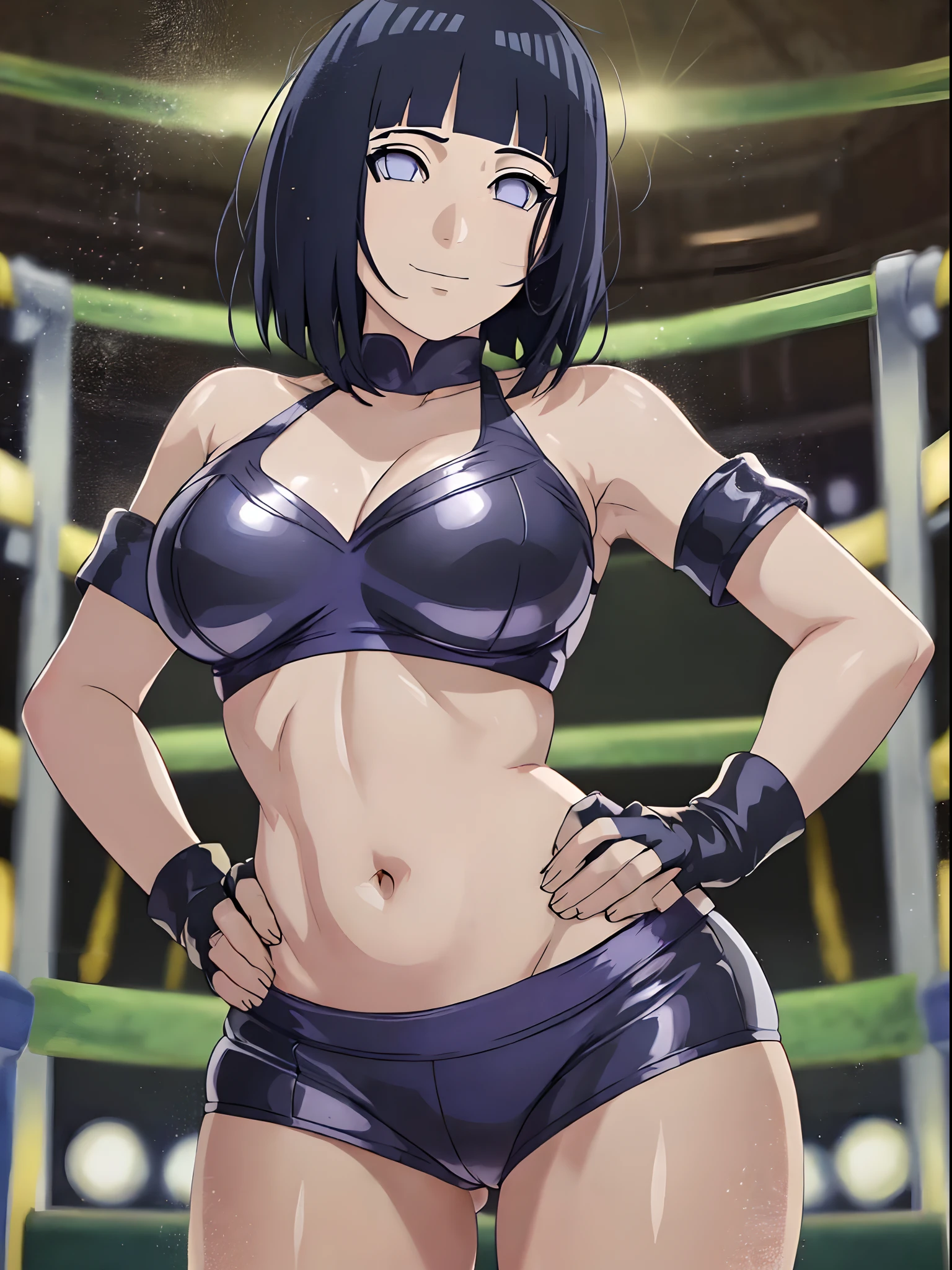 (ultra detailed body, ultra detailed face), ((solo, 1 girl)), anime style, hires, ((wrestling stage, (children watching))), (hinata\(boruto\), (female wrestler), (slender body, broad shoulders), mature woman, milf, (black strapless, ultra detailed pro wrestling gear, long gloves), extremely gorgeous, (smile, closed mouth), (pale skin, shiny skin, lighting and shadow), (dark blue hair color:1.1), wavy hair, ((short hair, hime cut), big breasts, ((hands on hips)), (long belly), (very seductive), (perfect eyes, white sciera, bright eyes, white eyes, anime eyes)