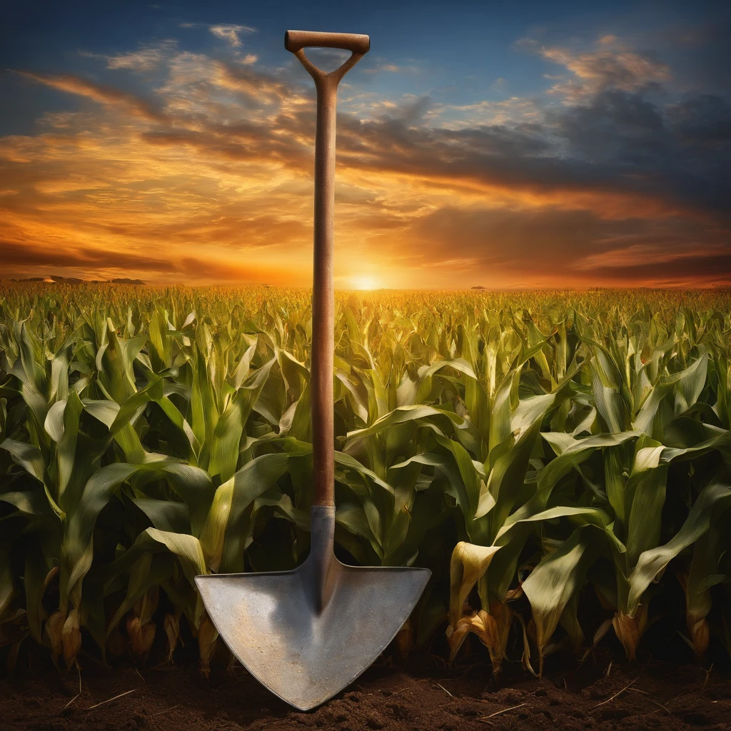 shovel with ribbon on the handle stuck in ground (background: corn fields, dawn sky) oil painting, canvas texture